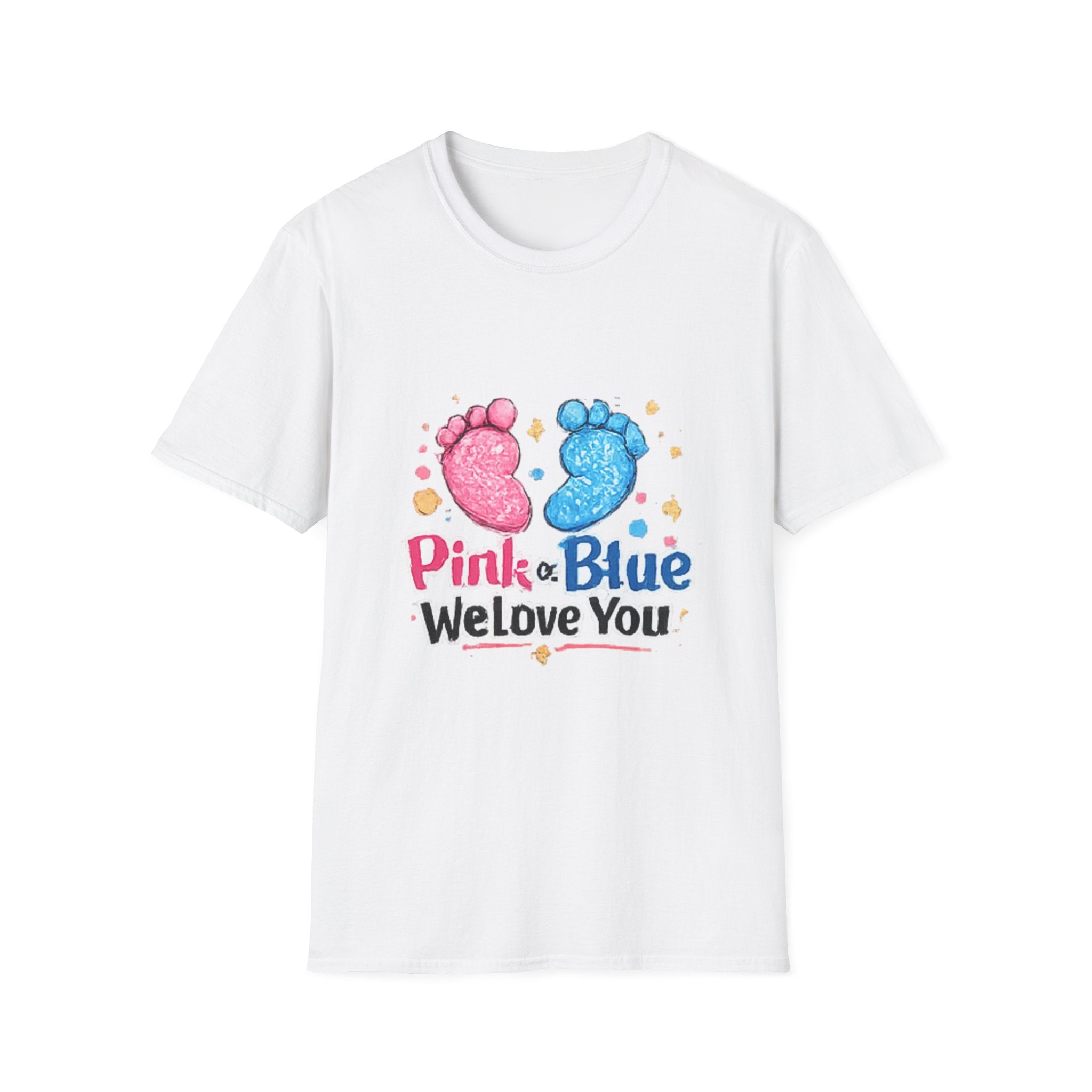 Gender Reveal Baby Footprint T-Shirt — "Pink & Blue We Love You"