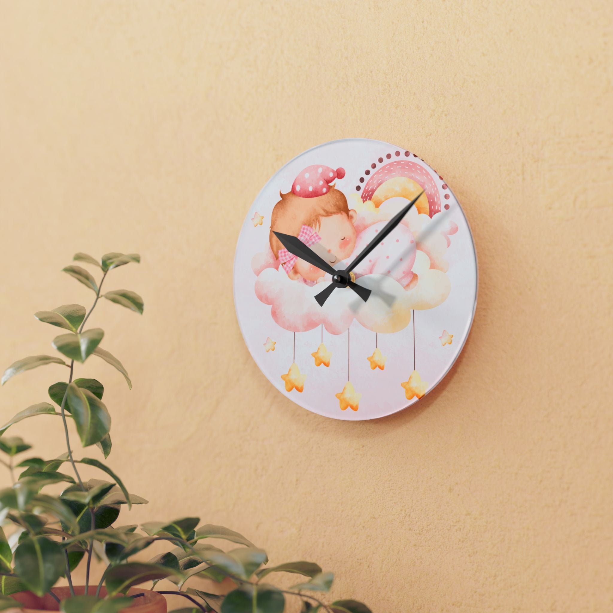 Acrylic Wall Clock - Dreamy Baby Nursery Clock with Sleeping Baby, Clouds & Stars