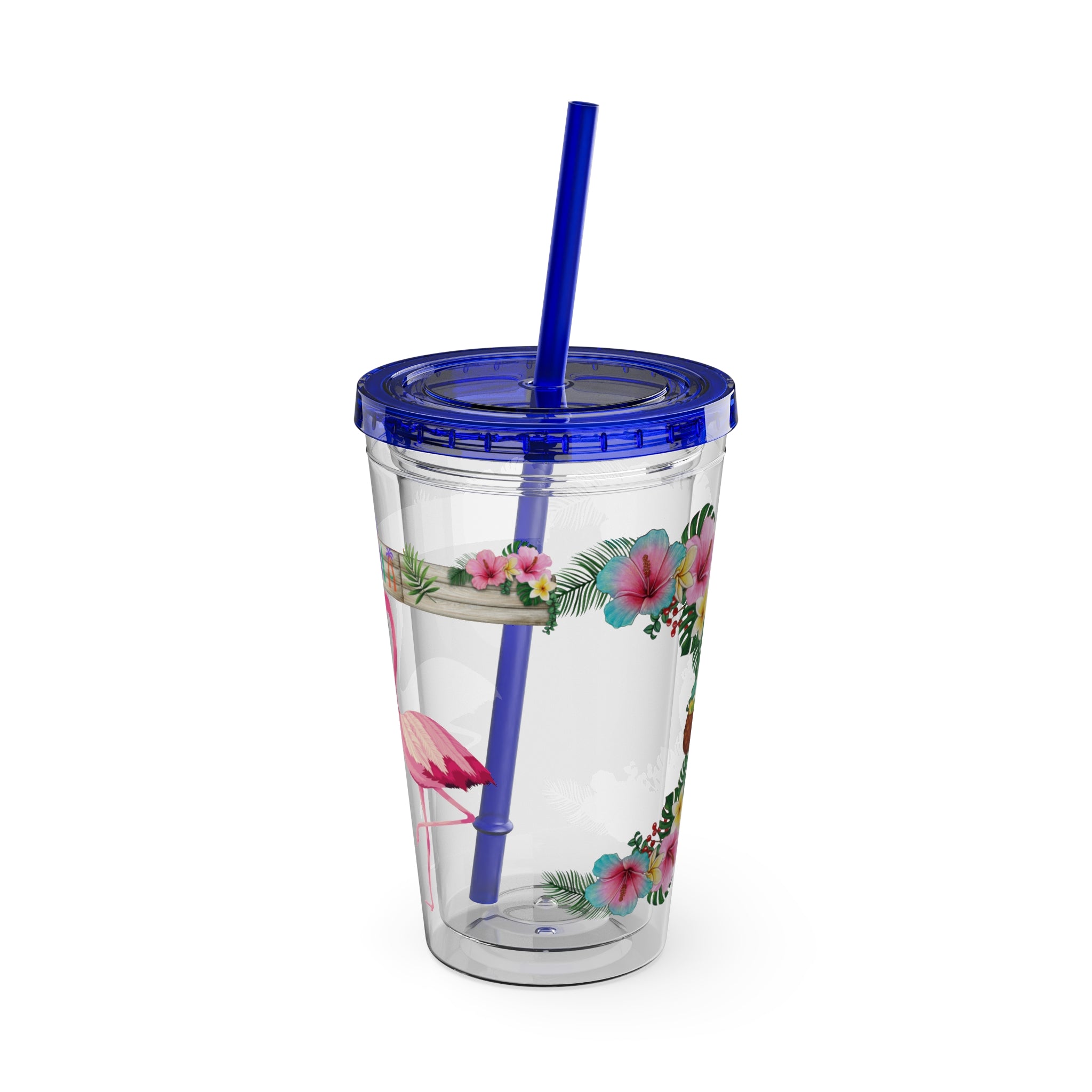 16oz Flamingo Aloha Tumbler with Straw — Tropical Sunsplash Drink Cup