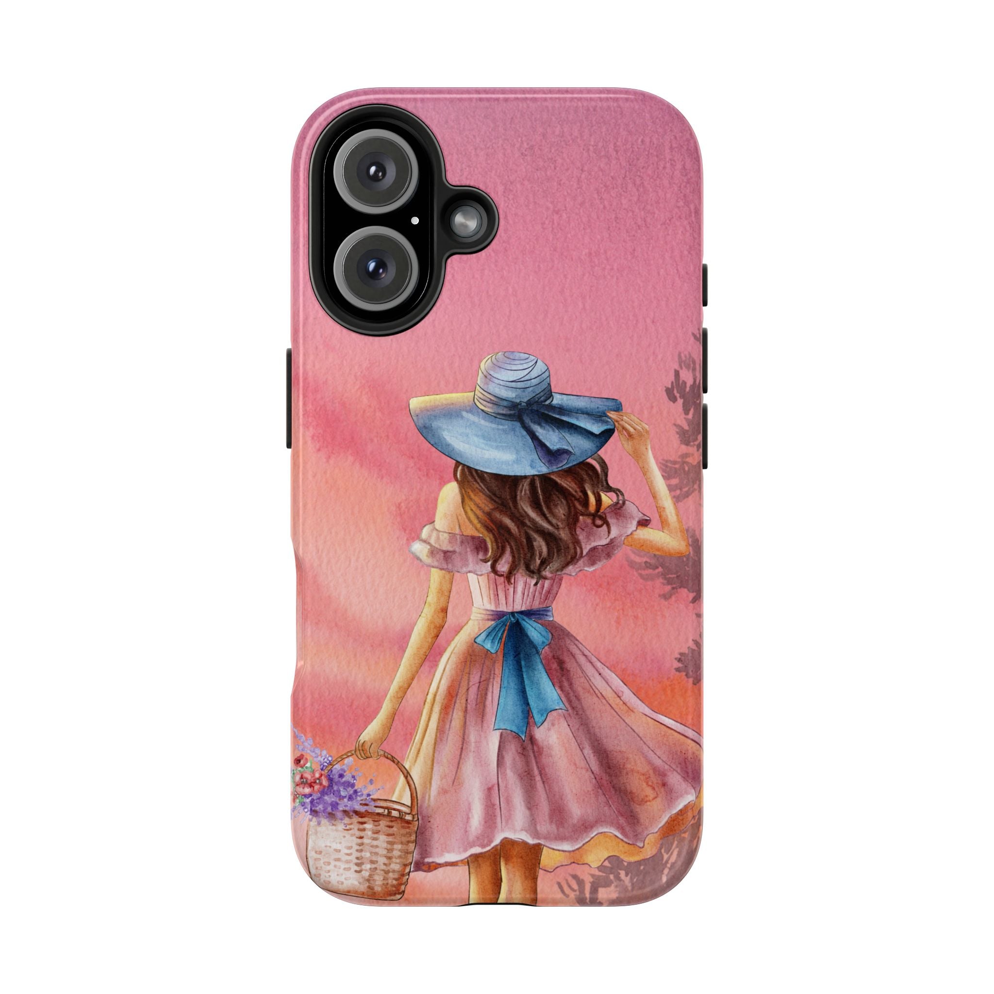 Pastel Picnic Girl Phone Case — Protective Tough Phone Case with Watercolor Sunset Design