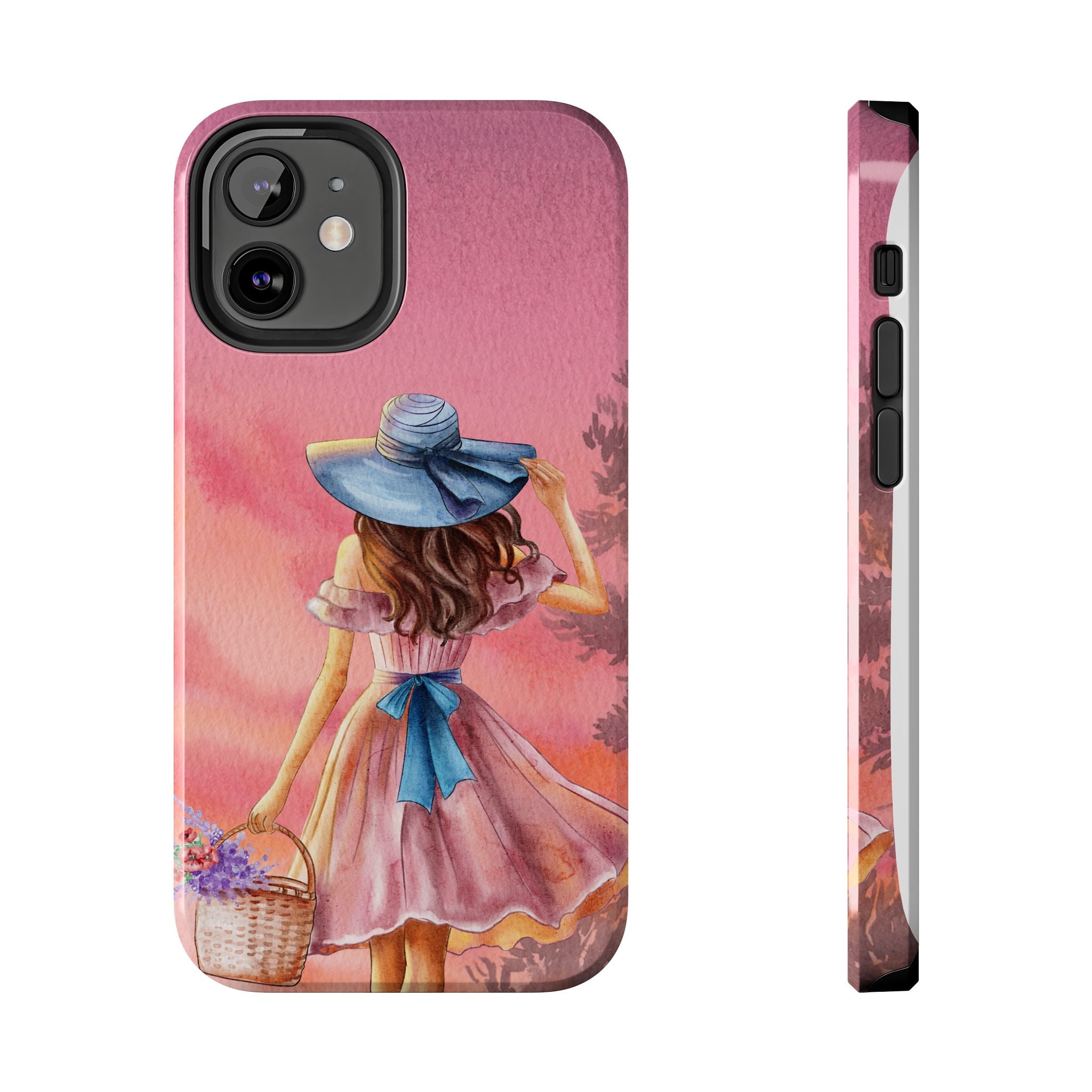 Pastel Picnic Girl Phone Case — Protective Tough Phone Case with Watercolor Sunset Design