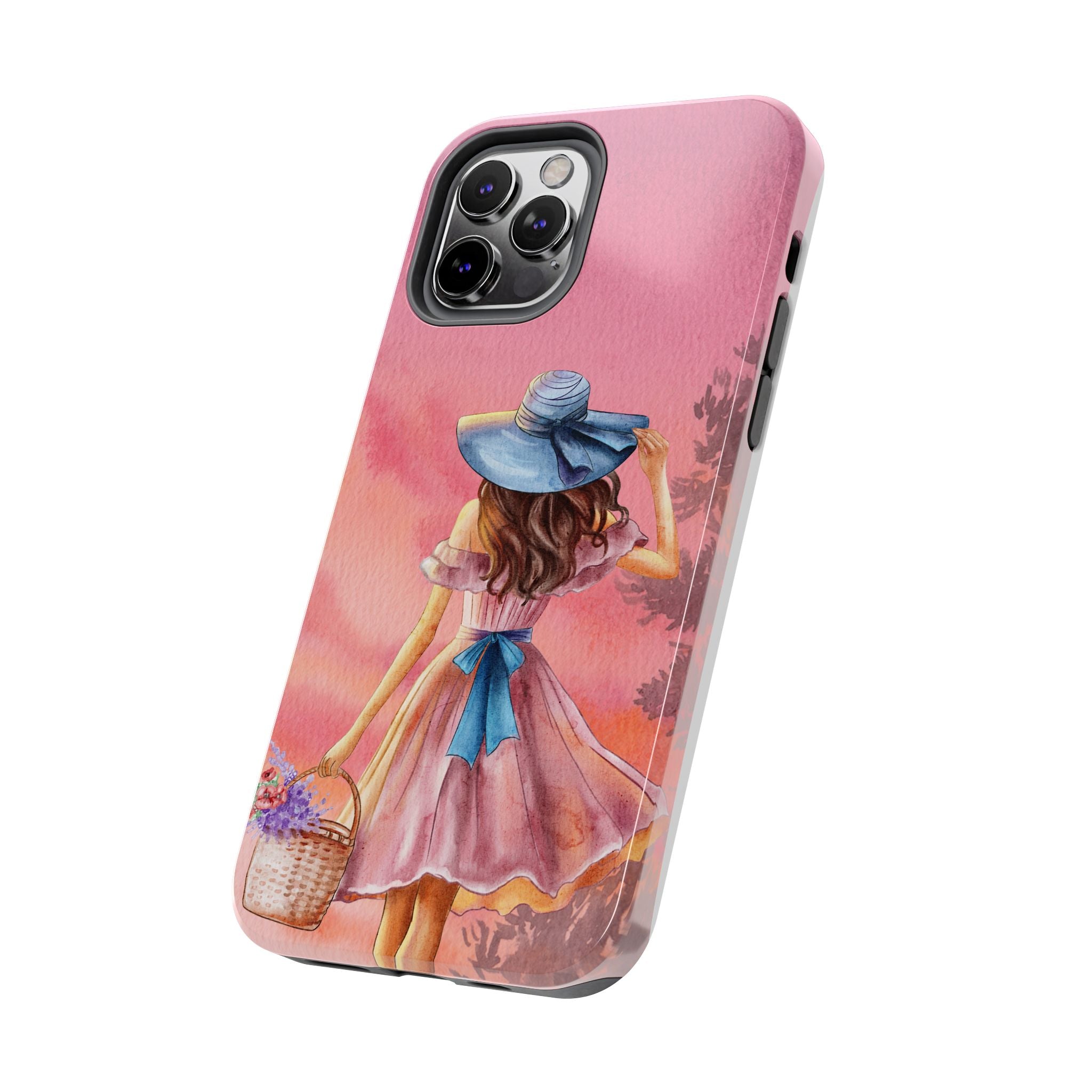Pastel Picnic Girl Phone Case — Protective Tough Phone Case with Watercolor Sunset Design