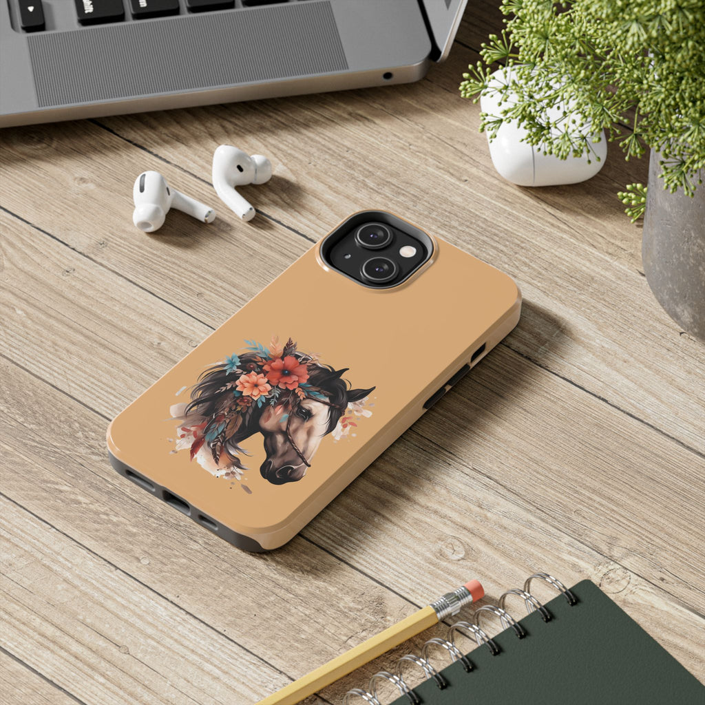 Horse Floral Tough Phone Case — Protective iPhone Cover with Boho Horse Head Design