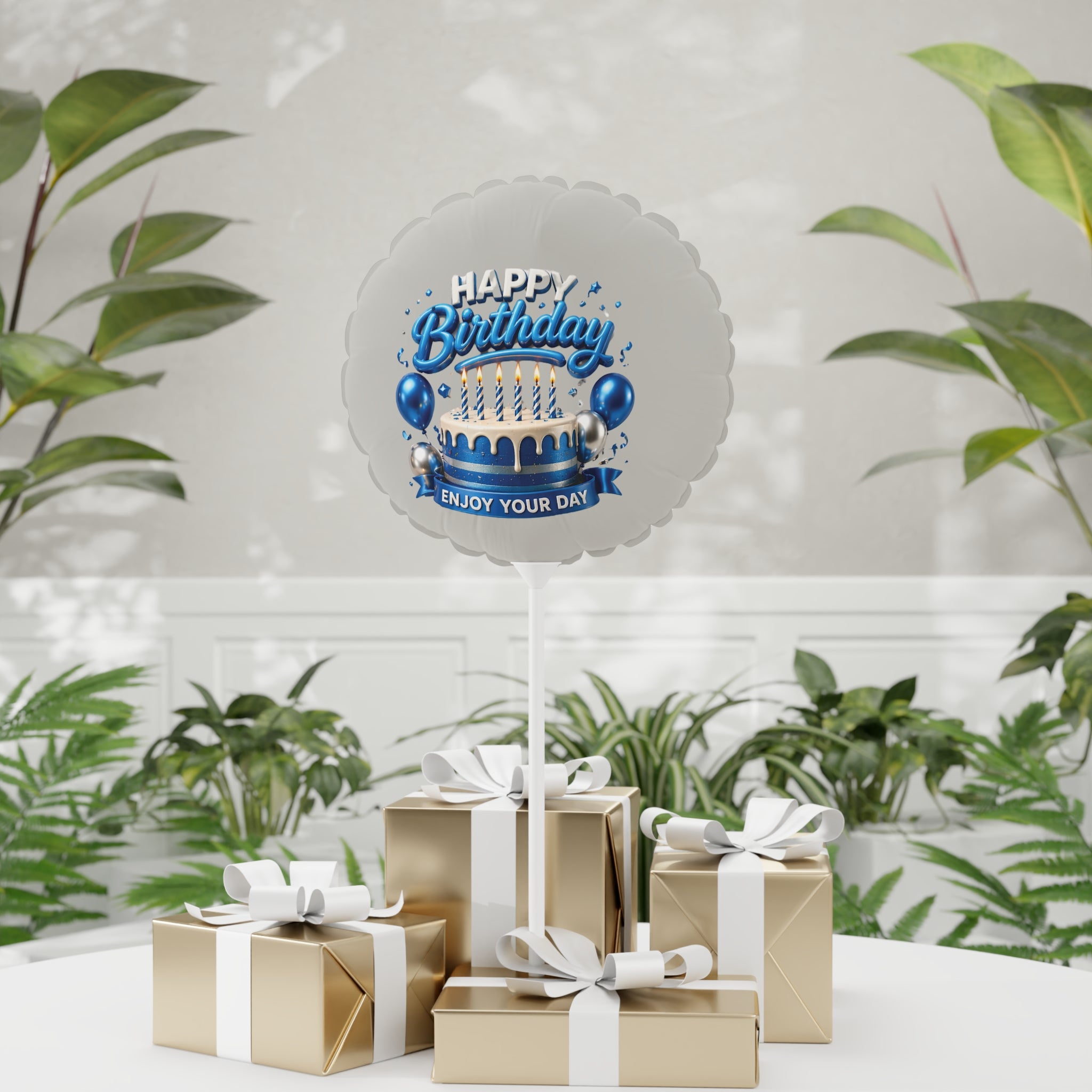 Happy Birthday 11" Round Balloon – Blue Cake & Candles "Enjoy Your Day"