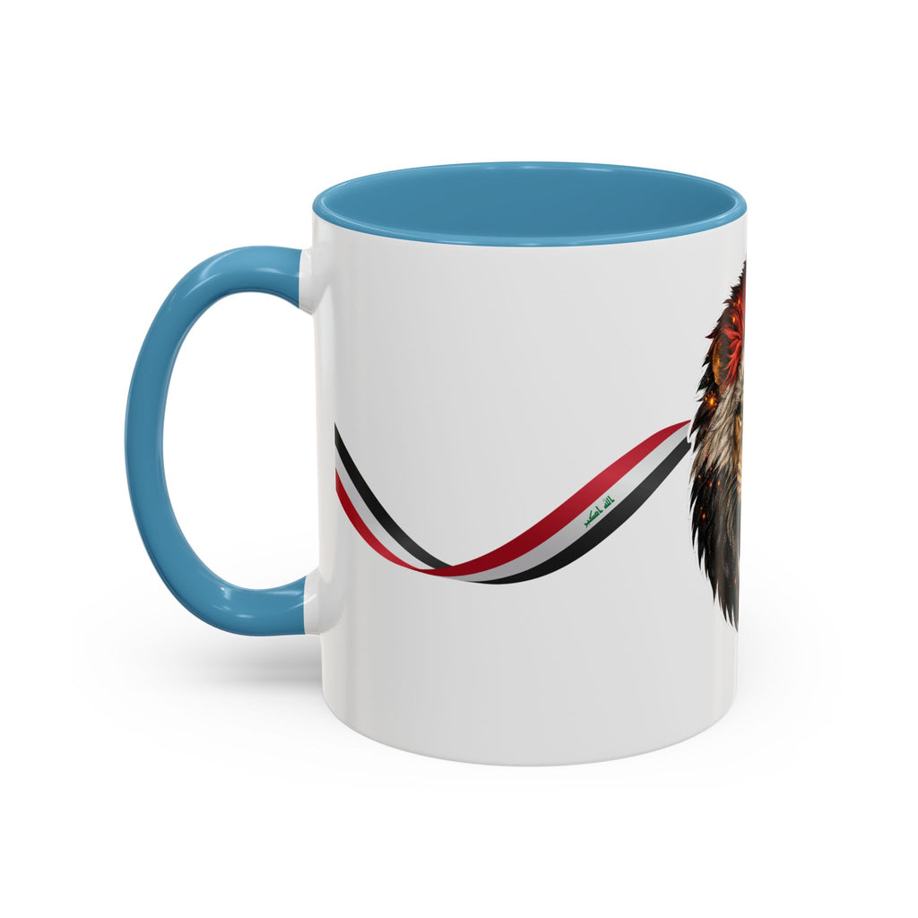 Iraq Lion Head Accent Coffee Mug with Arabic Script and Flag Ribbon – Patriotic Iraq Gift (11/15oz)