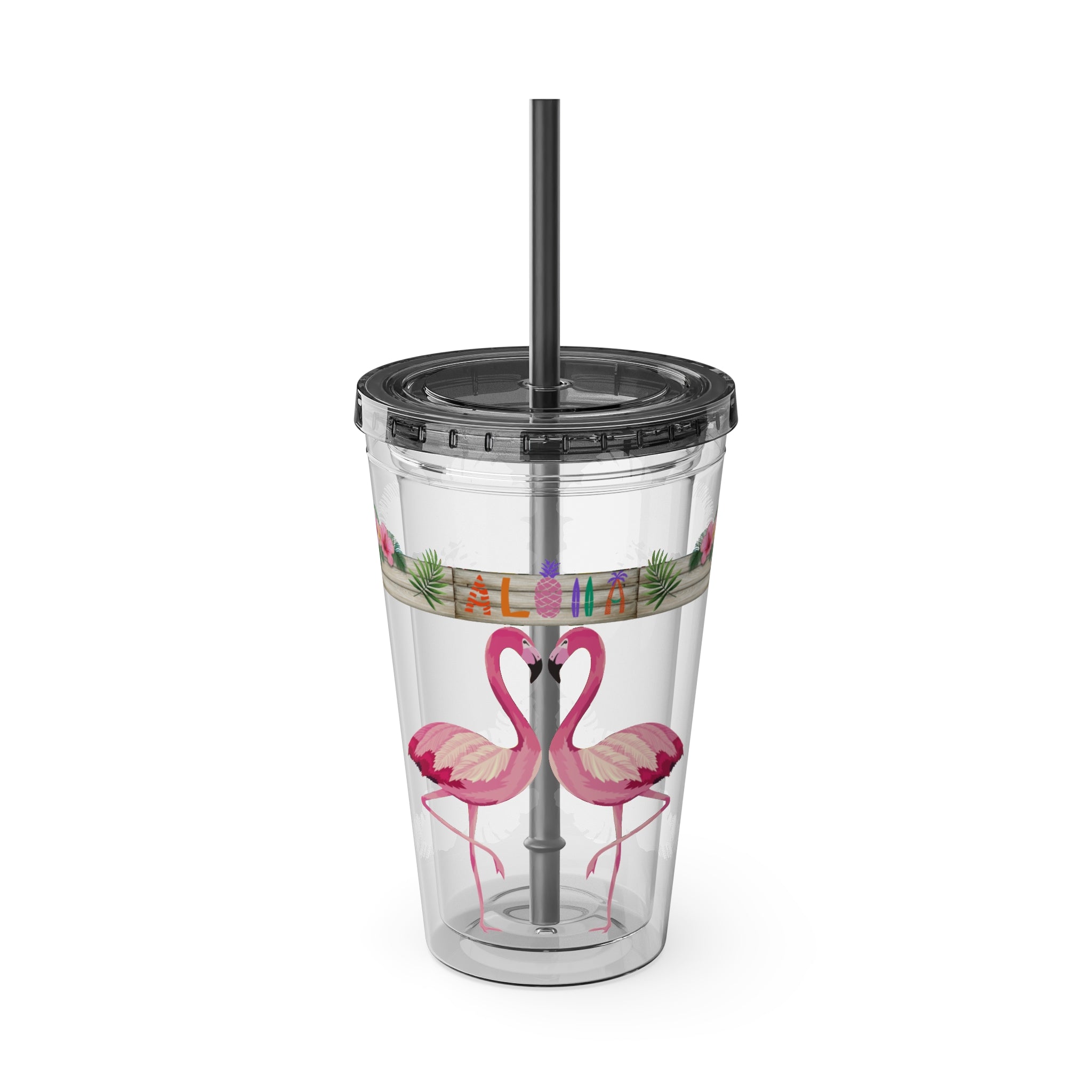 16oz Flamingo Aloha Tumbler with Straw — Tropical Sunsplash Drink Cup