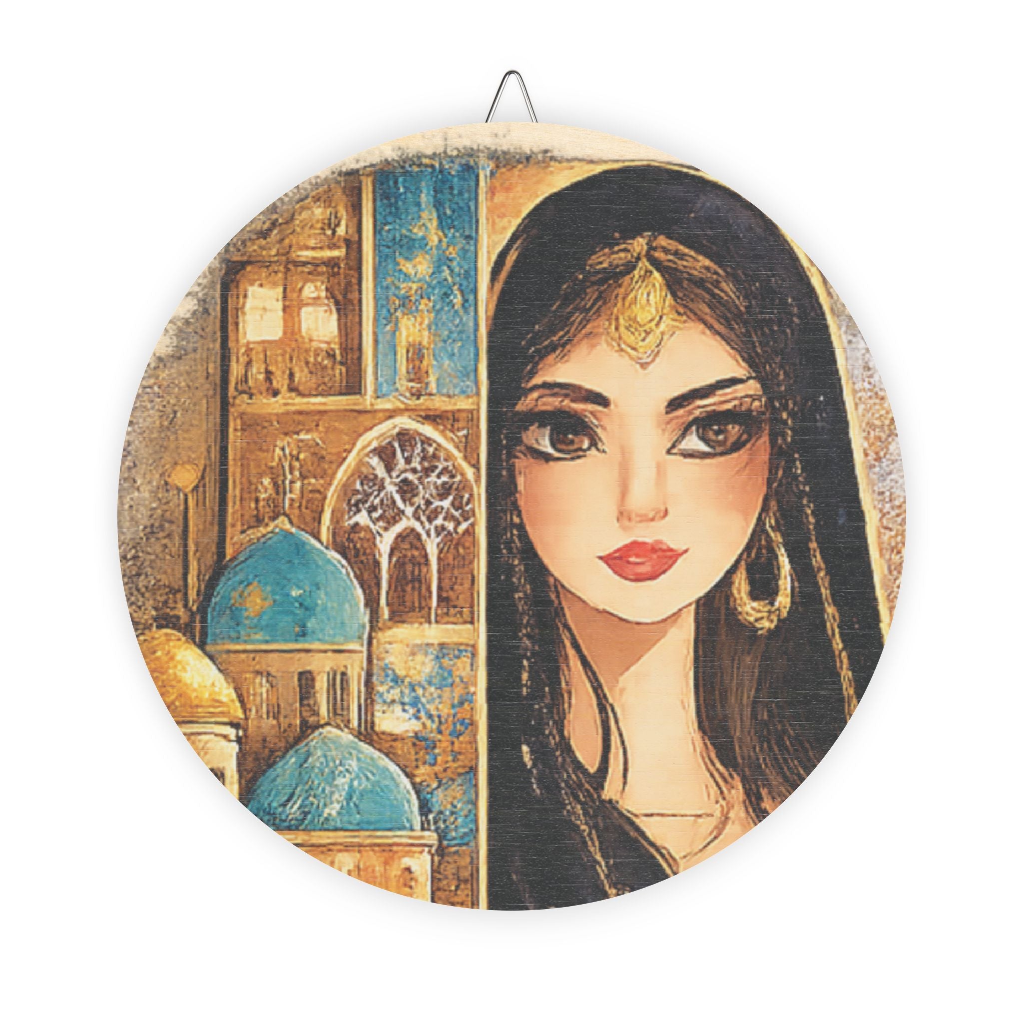 Middle Eastern Portrait Round Wood Sign – Bohemian Arabian Girl Wall Decor