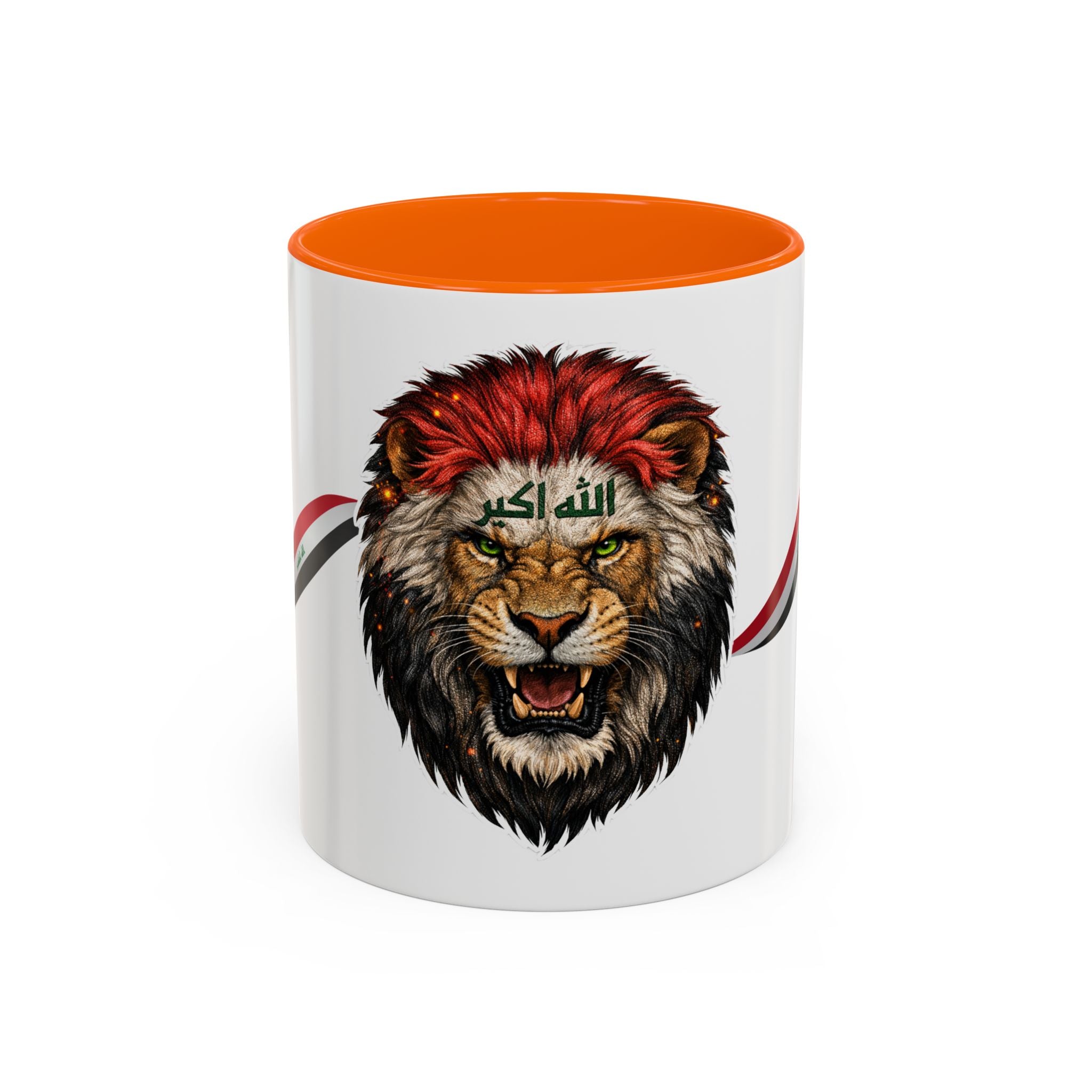 Iraq Lion Head Accent Coffee Mug with Arabic Script and Flag Ribbon – Patriotic Iraq Gift (11/15oz)