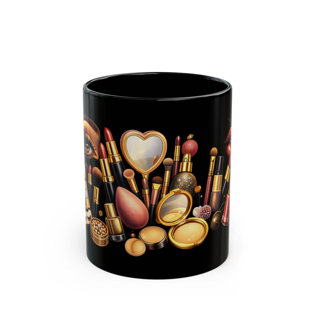 Makeup Lover Black Ceramic Mug — Cosmetic Brush & Lipstick Coffee Cup (11oz/15oz)