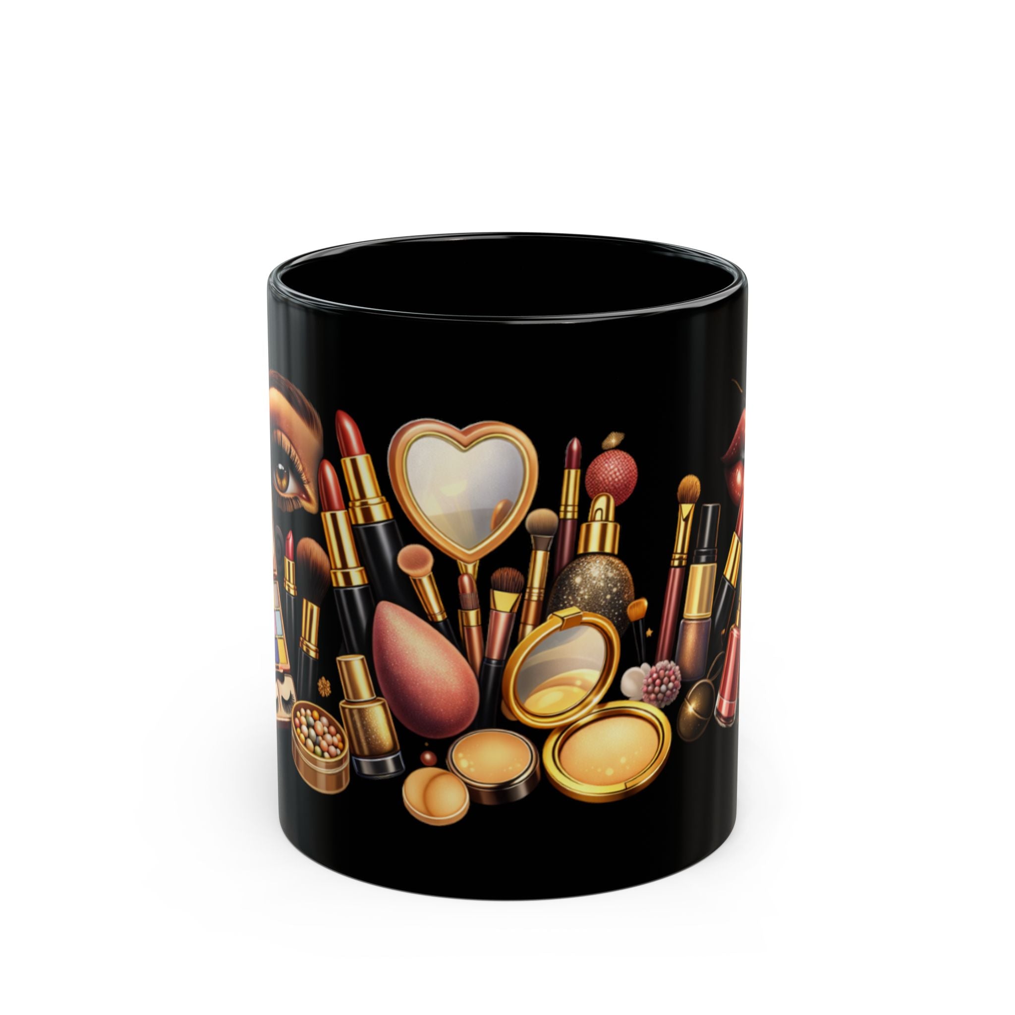 Makeup Lover Black Ceramic Mug — Cosmetic Brush & Lipstick Coffee Cup (11oz/15oz)