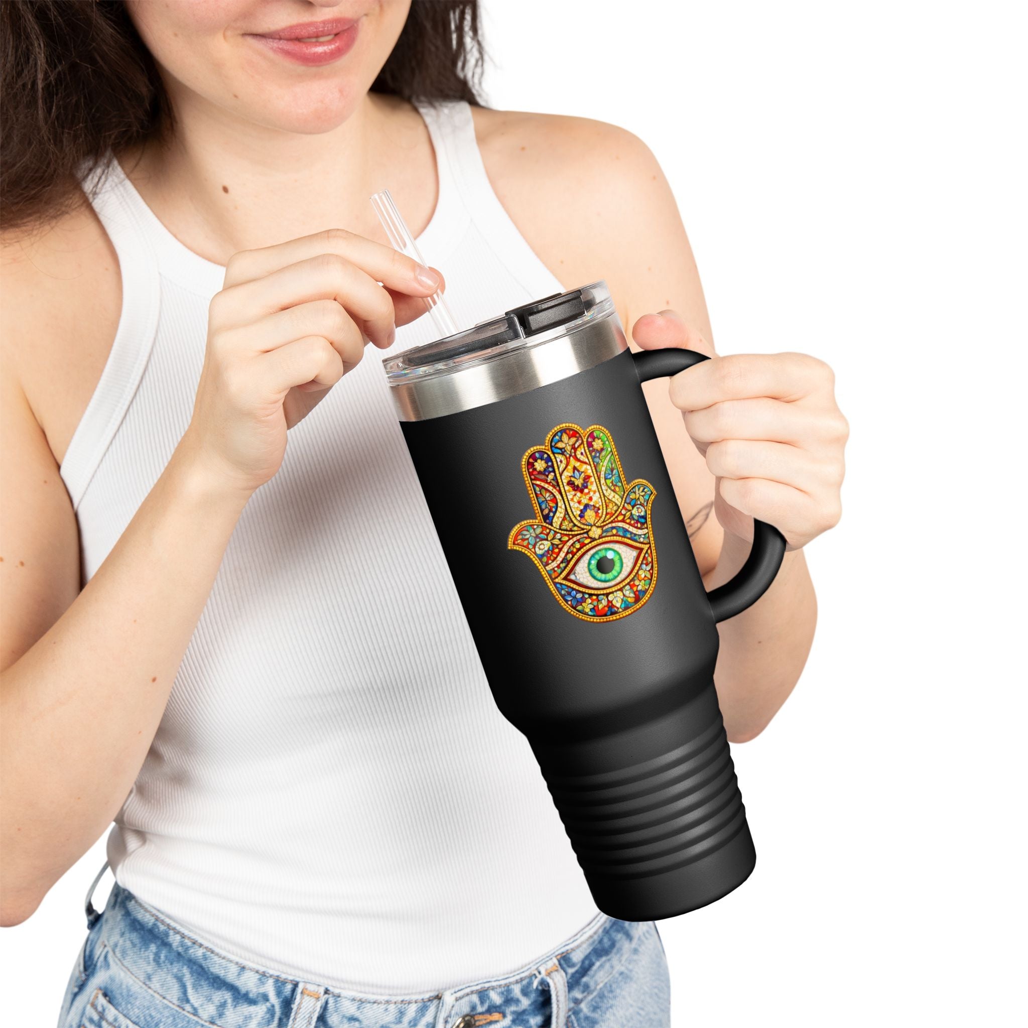 40oz Insulated Travel Mug – Colorful Hamsa Hand with Eye | Spiritual Protection Tumbler