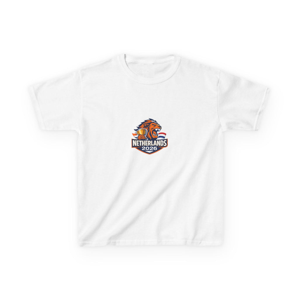 Netherlands Kids T-Shirt — Netherlands 2026 Lion Crest with Dutch Flag Back