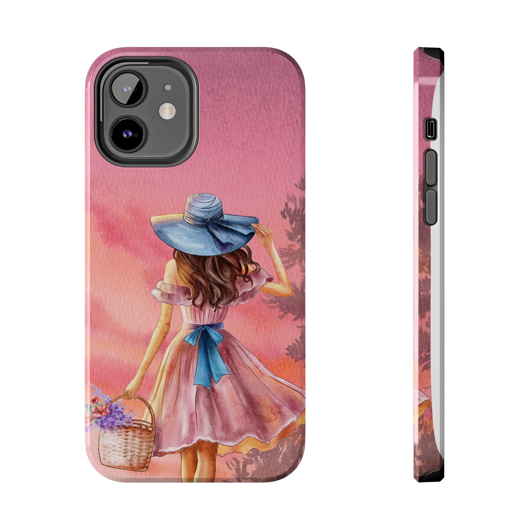 Pastel Picnic Girl Phone Case — Protective Tough Phone Case with Watercolor Sunset Design