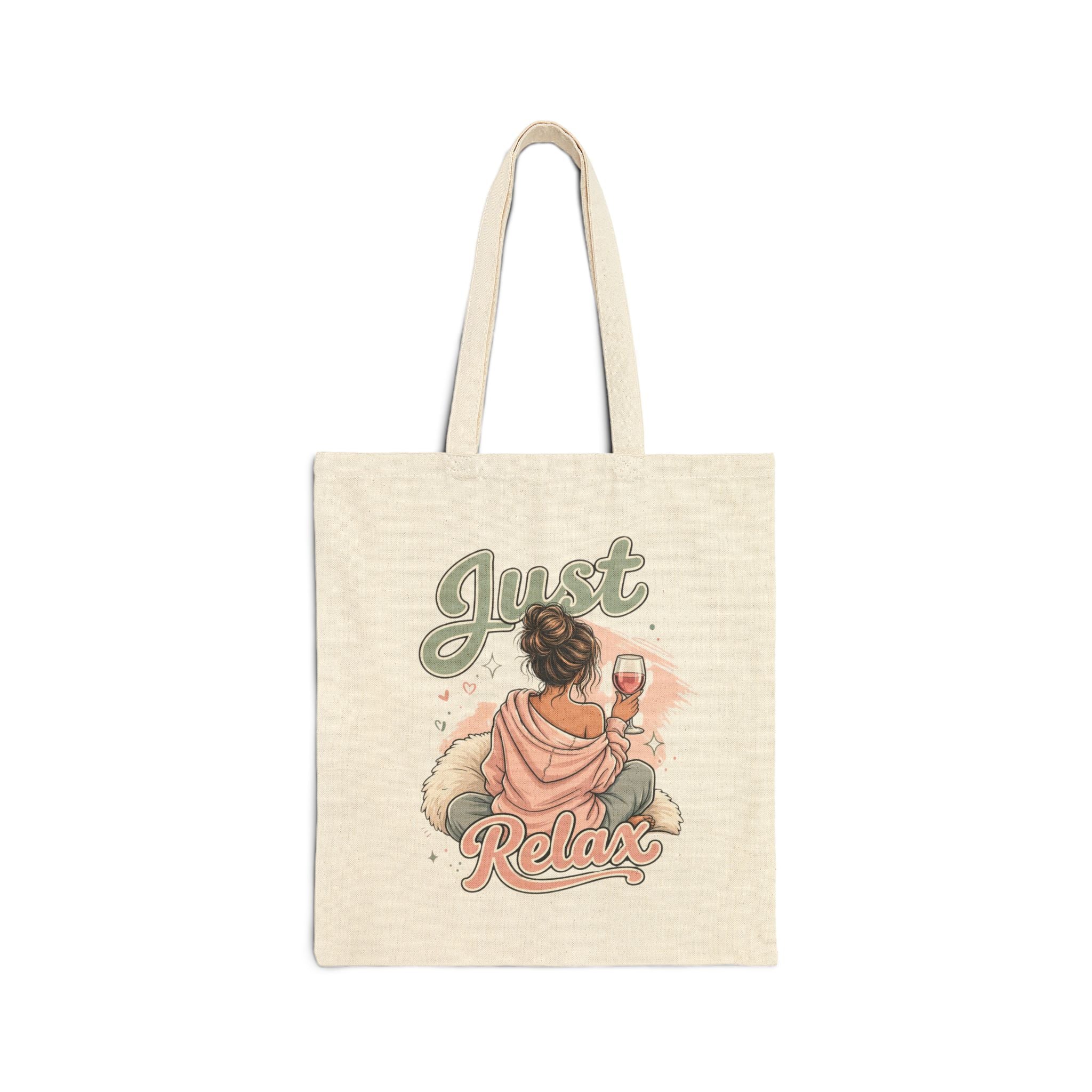 Tote Bag — "Just Relax" Illustration Canvas Tote (Cozy Wine & Self-Care Vibe)