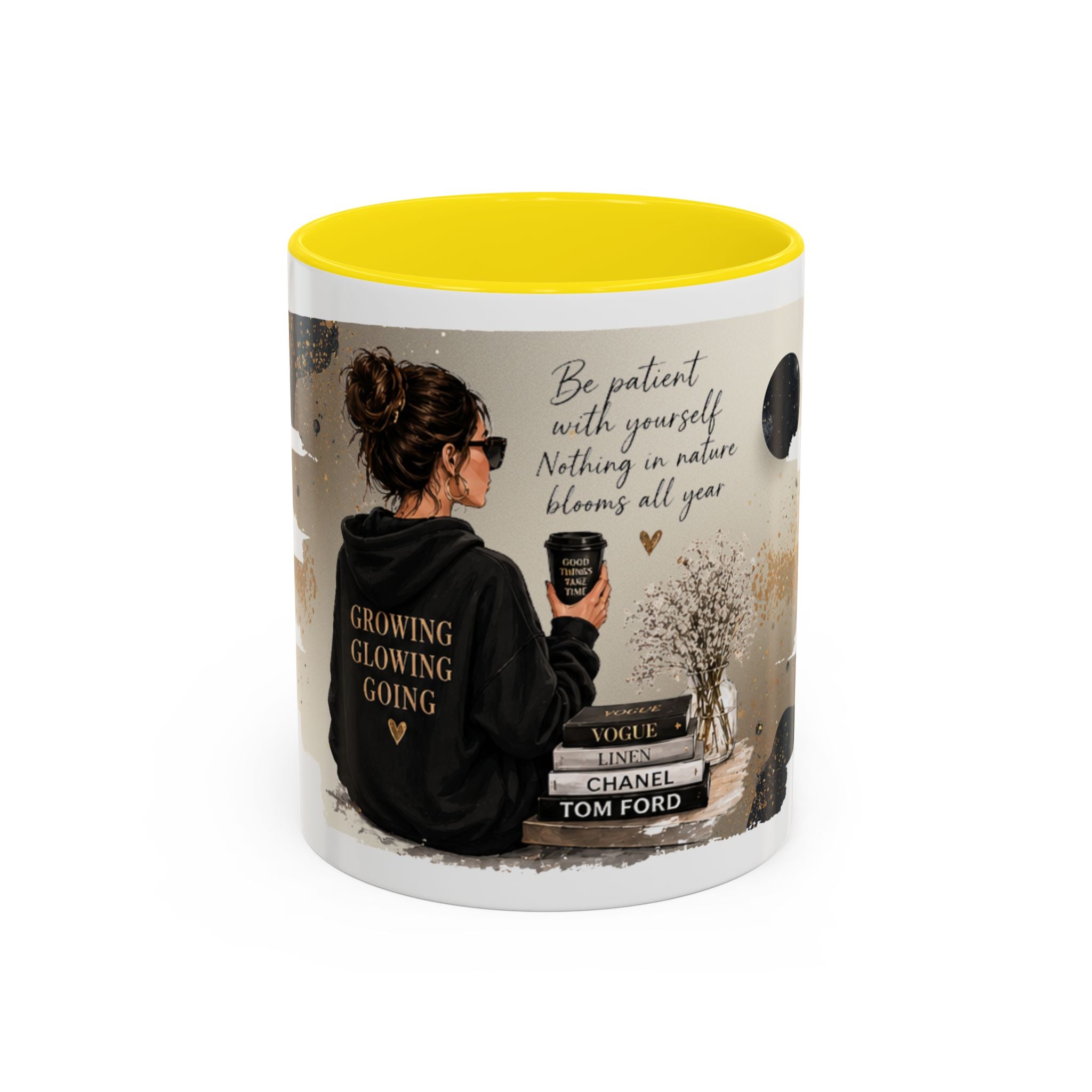 Inspirational Coffee Mug — "Be patient with yourself" Cozy Woman Design (11oz)