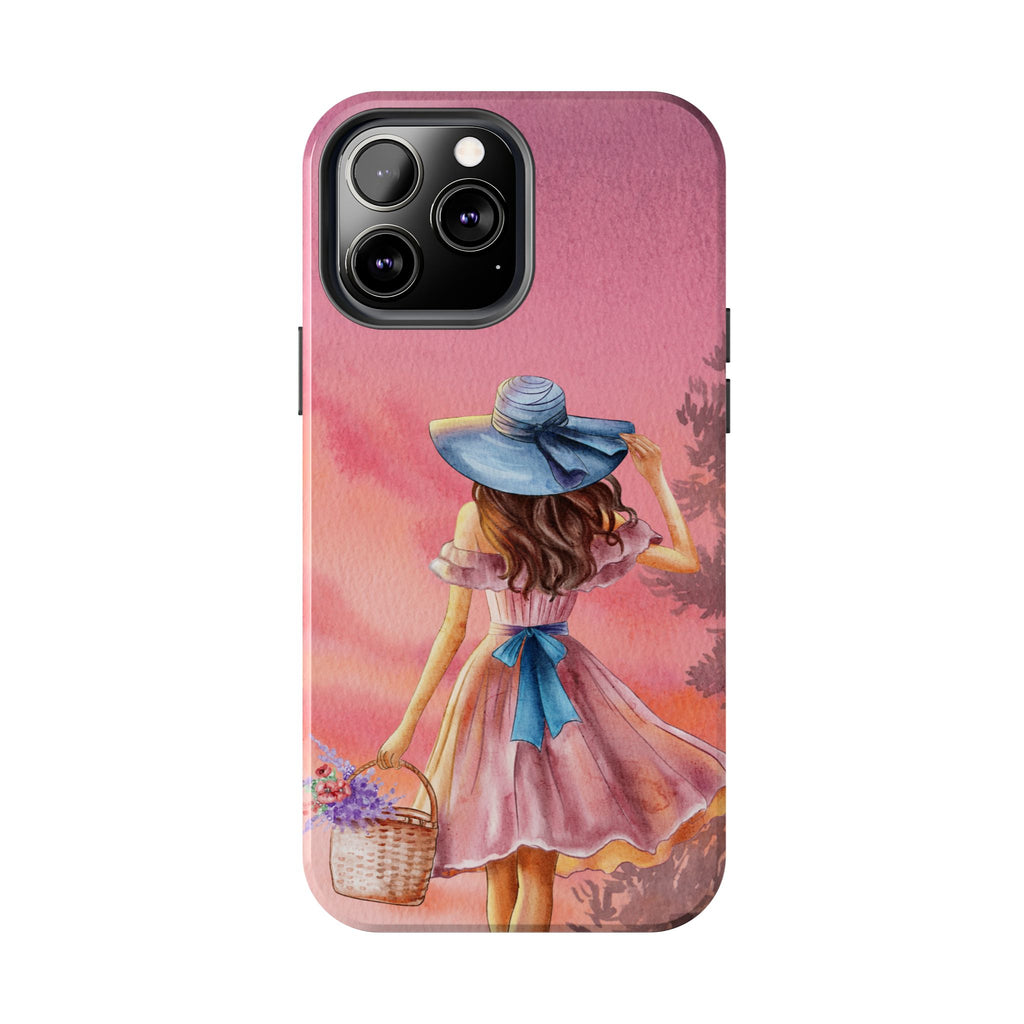 Pastel Picnic Girl Phone Case — Protective Tough Phone Case with Watercolor Sunset Design