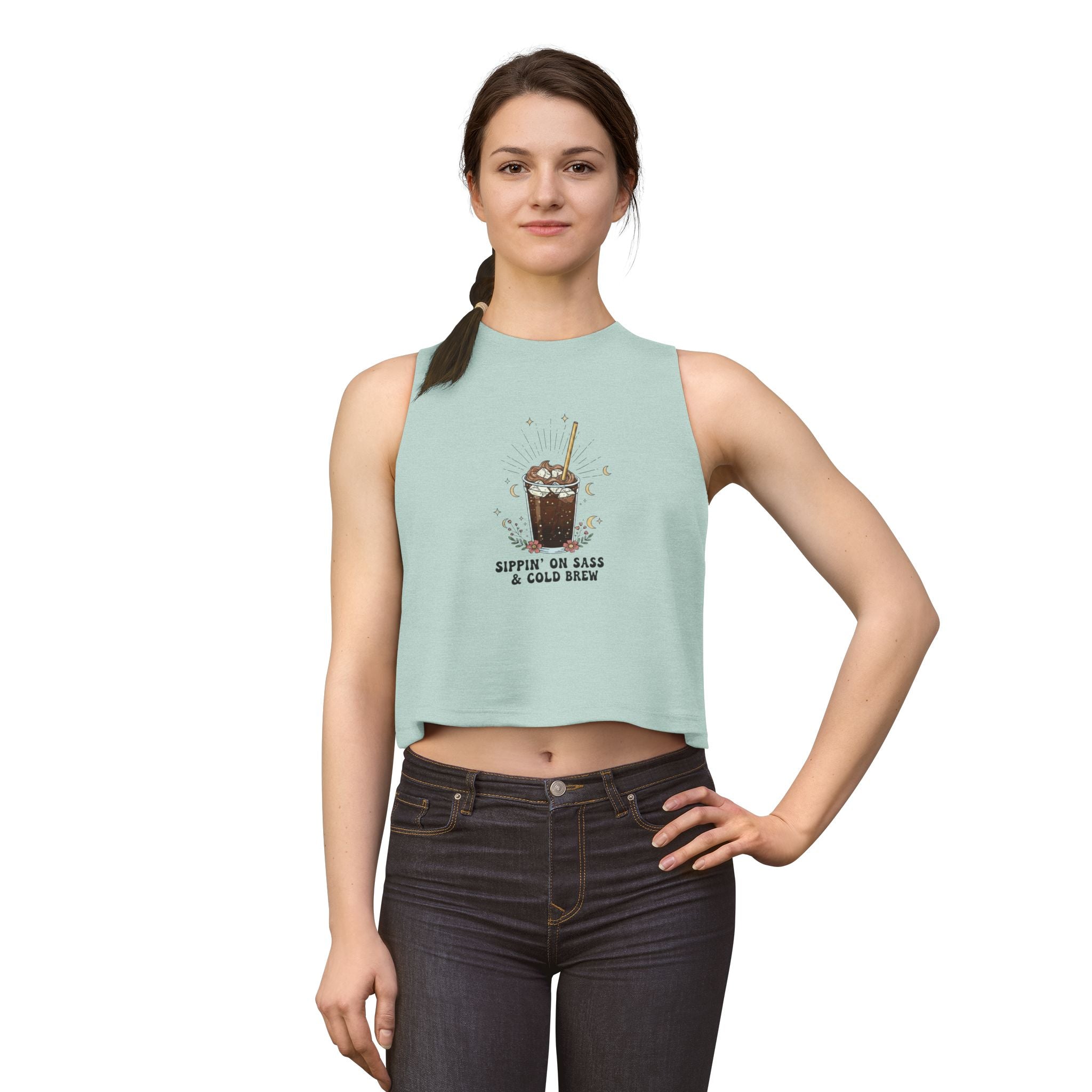 Cold Brew Crop Top — "Sippin' On Sass & Cold Brew" Coffee Graphic Tank