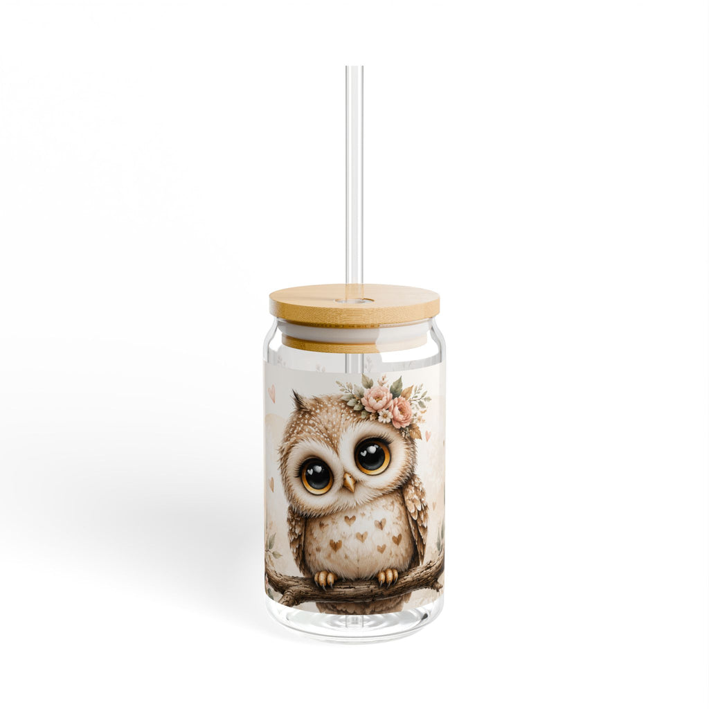 Cute Floral Owl Sipper Glass - 16oz Cute Baby Owl Drinking Jar with Straw