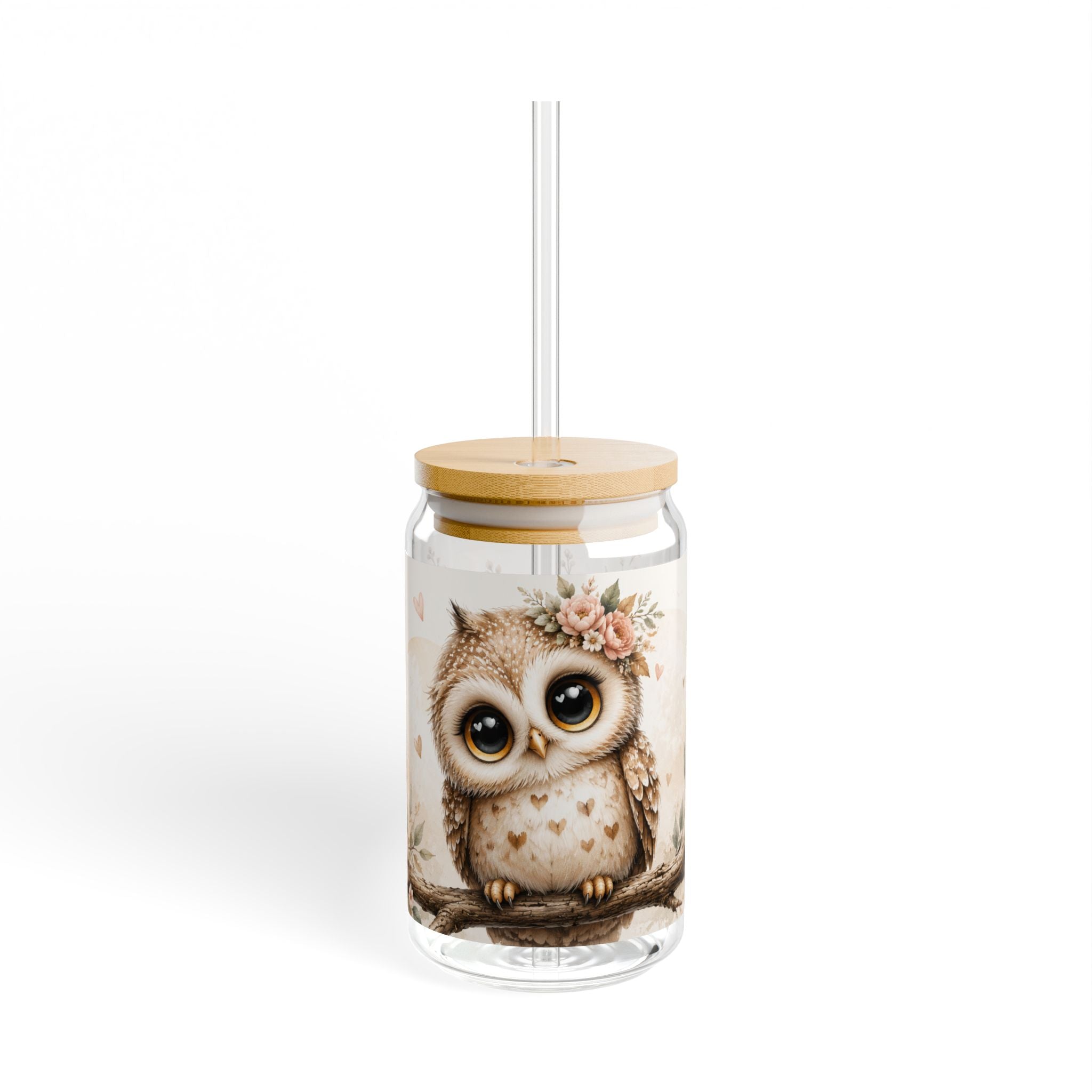 Cute Floral Owl Sipper Glass - 16oz Cute Baby Owl Drinking Jar with Straw