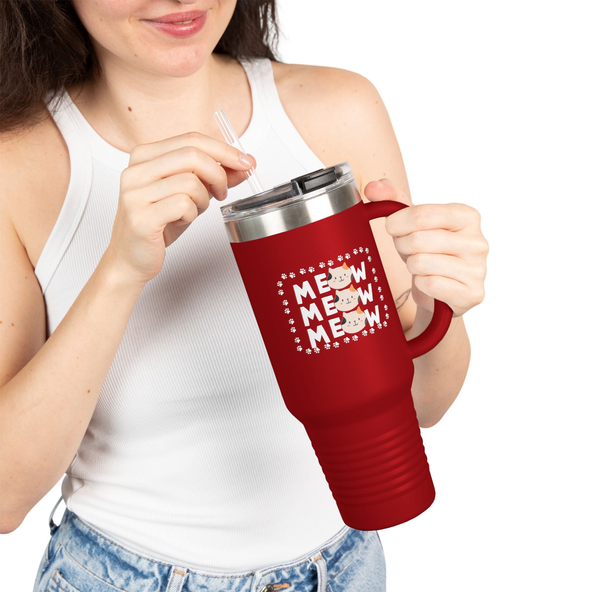 40oz Insulated Travel Mug — Red "MEOW MEOW" Cute Cat Paw Design