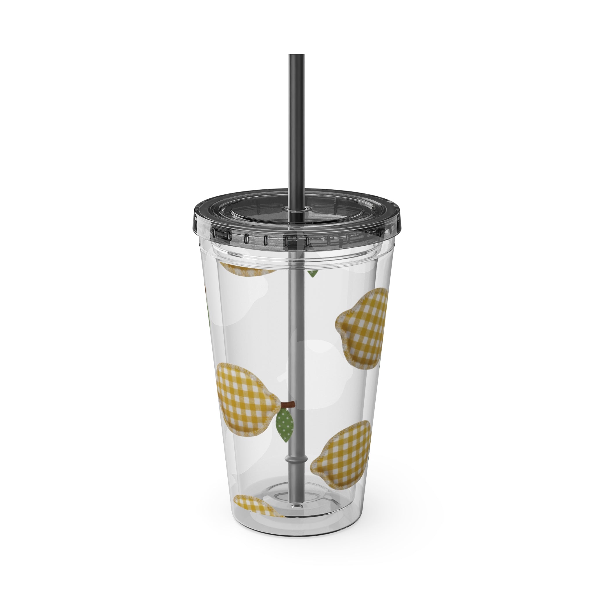 Gingham Pear Sunsplash Tumbler, 16oz Clear Travel Cup with Straw