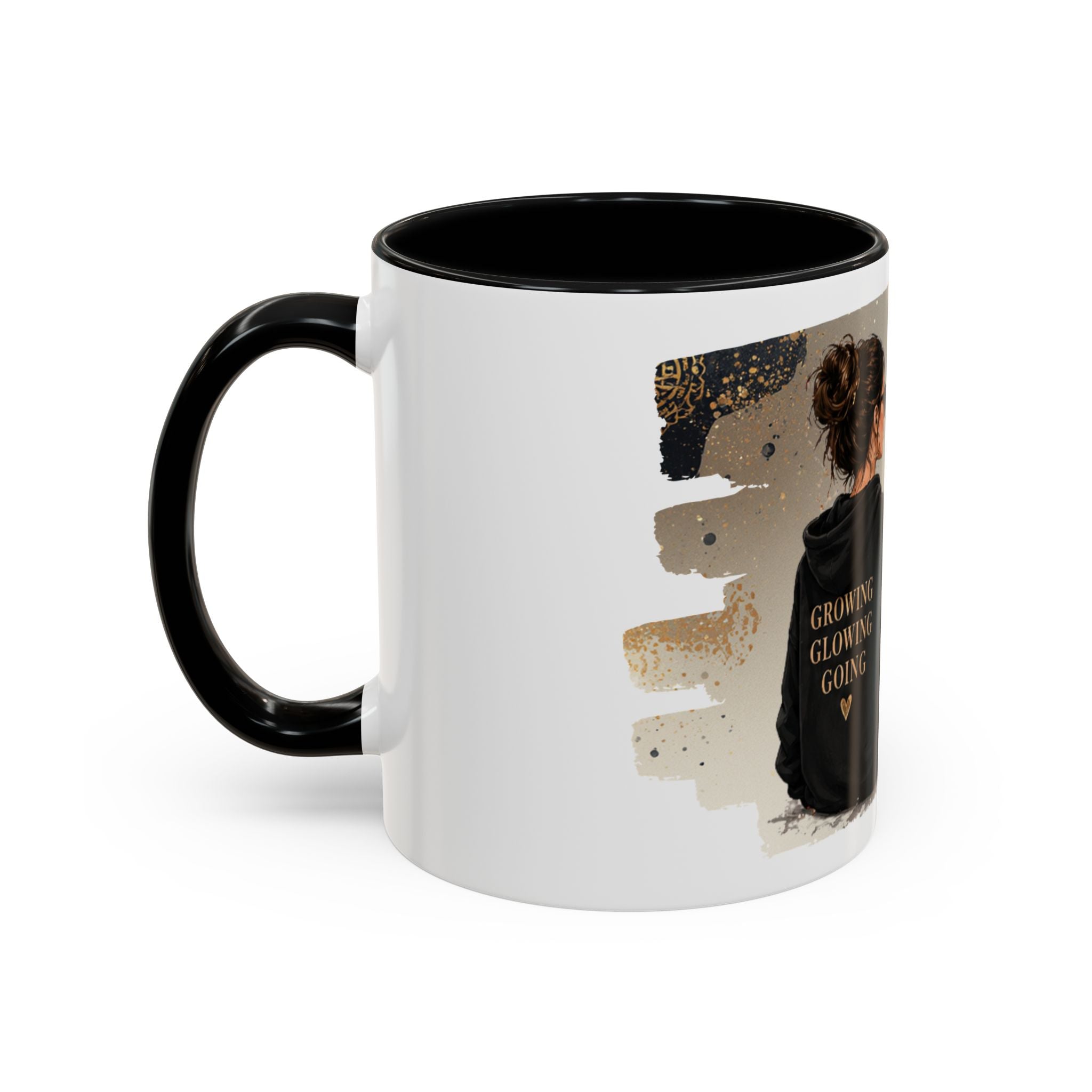 Inspirational Coffee Mug — "Be patient with yourself" Cozy Woman Design (11oz)