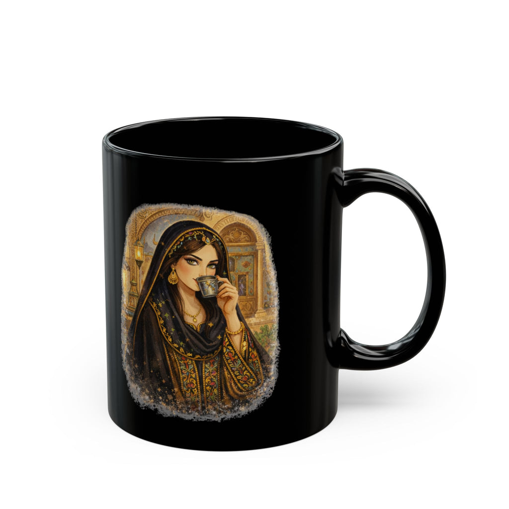 Black Ceramic Mug — Middle Eastern Tea Lady Illustration, Vintage Cultural Art Coffee Cup (11oz/15oz)