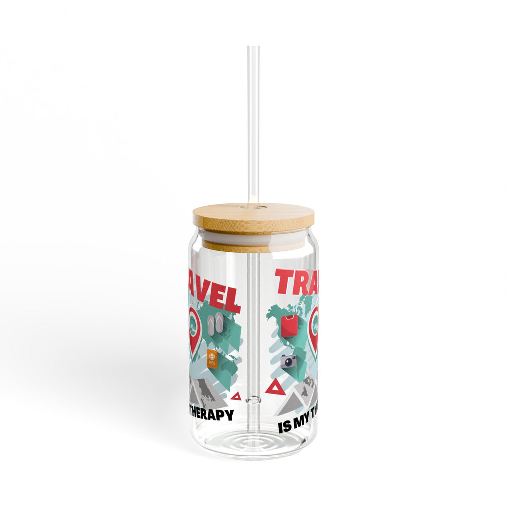 Travel Is My Therapy Sipper Glass - 16oz Mason Jar Tumbler with Straw