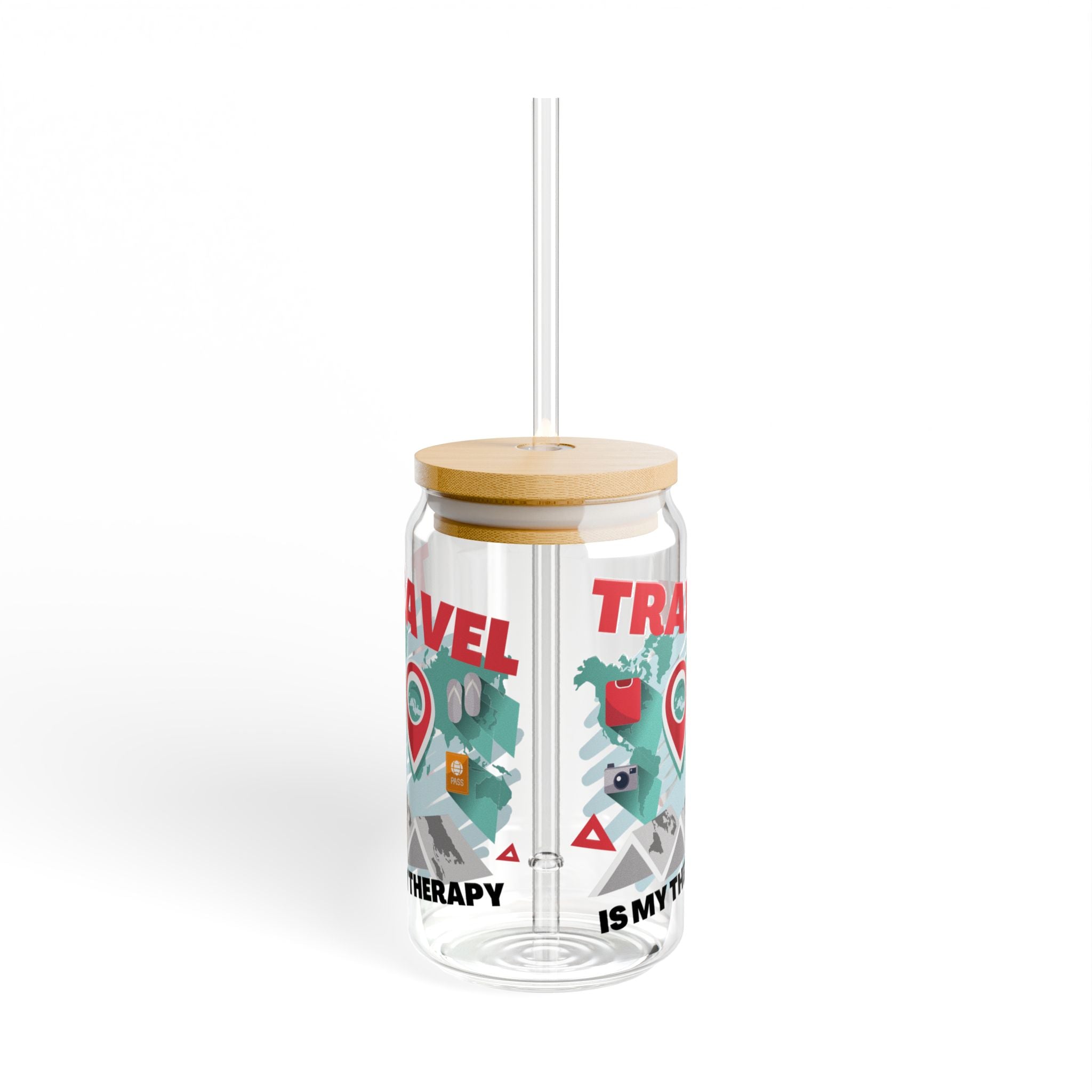 Travel Is My Therapy Sipper Glass - 16oz Mason Jar Tumbler with Straw
