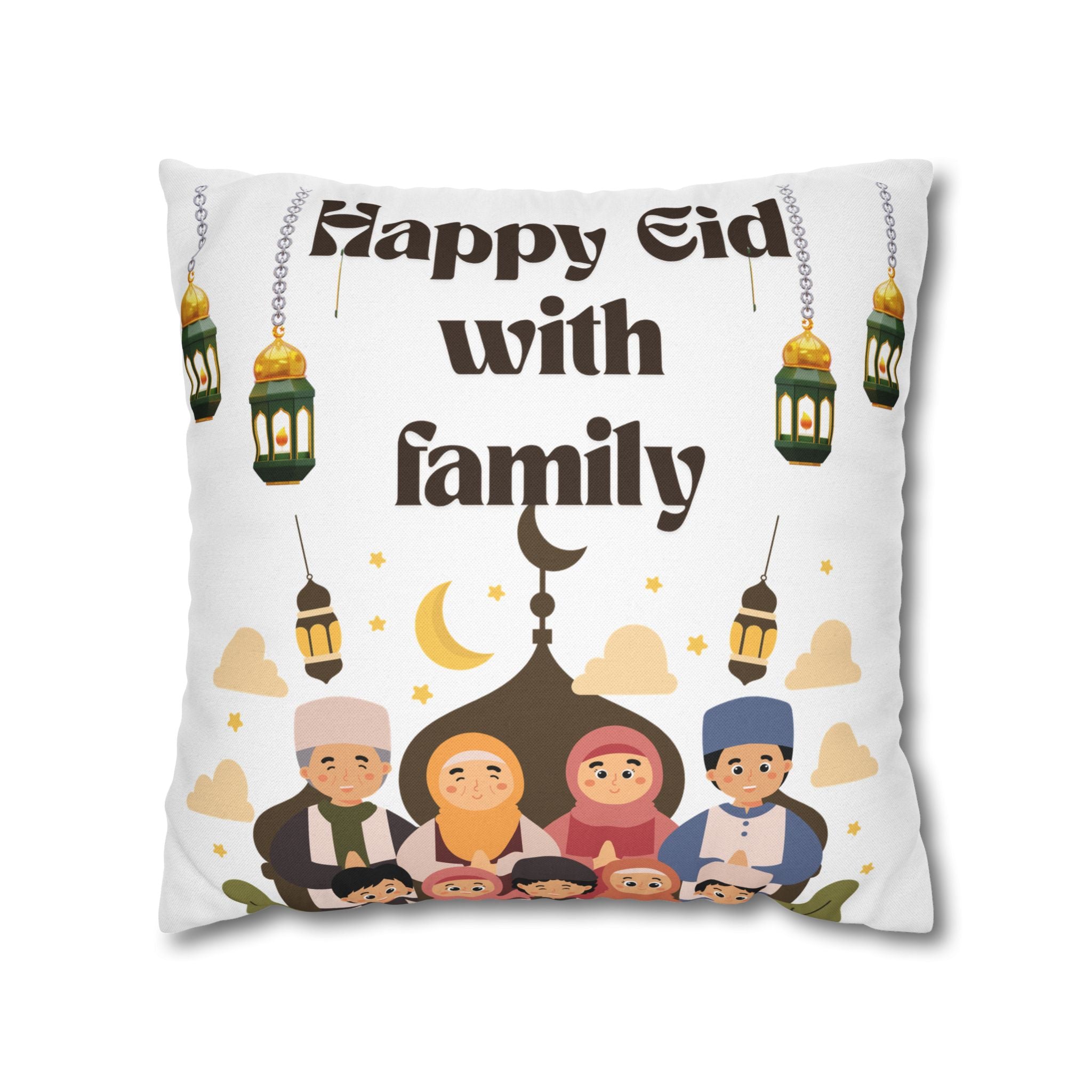 Eid Family Decorative Pillow — "Happy Eid with Family" Spun Polyester Cushion