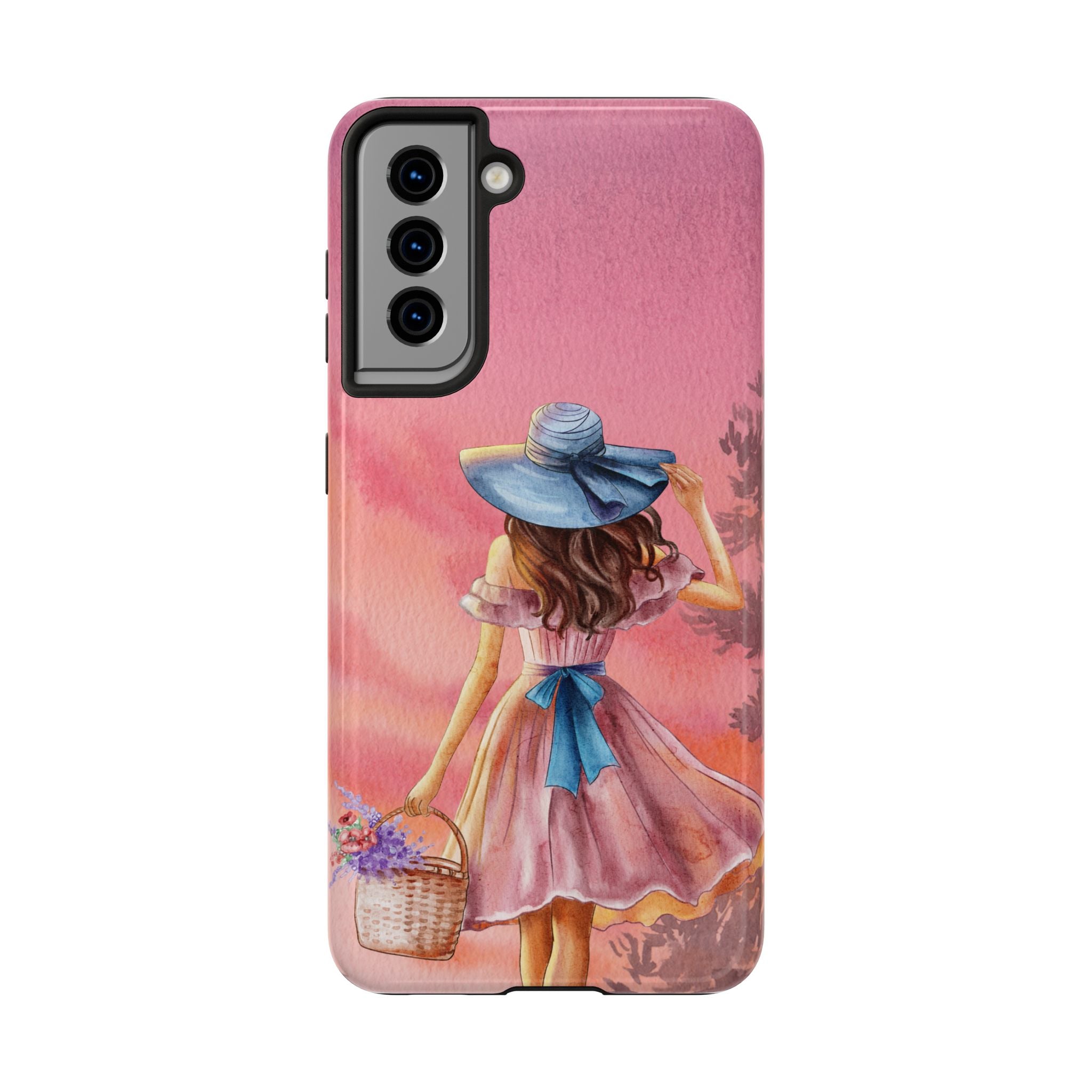 Pastel Picnic Girl Phone Case — Protective Tough Phone Case with Watercolor Sunset Design