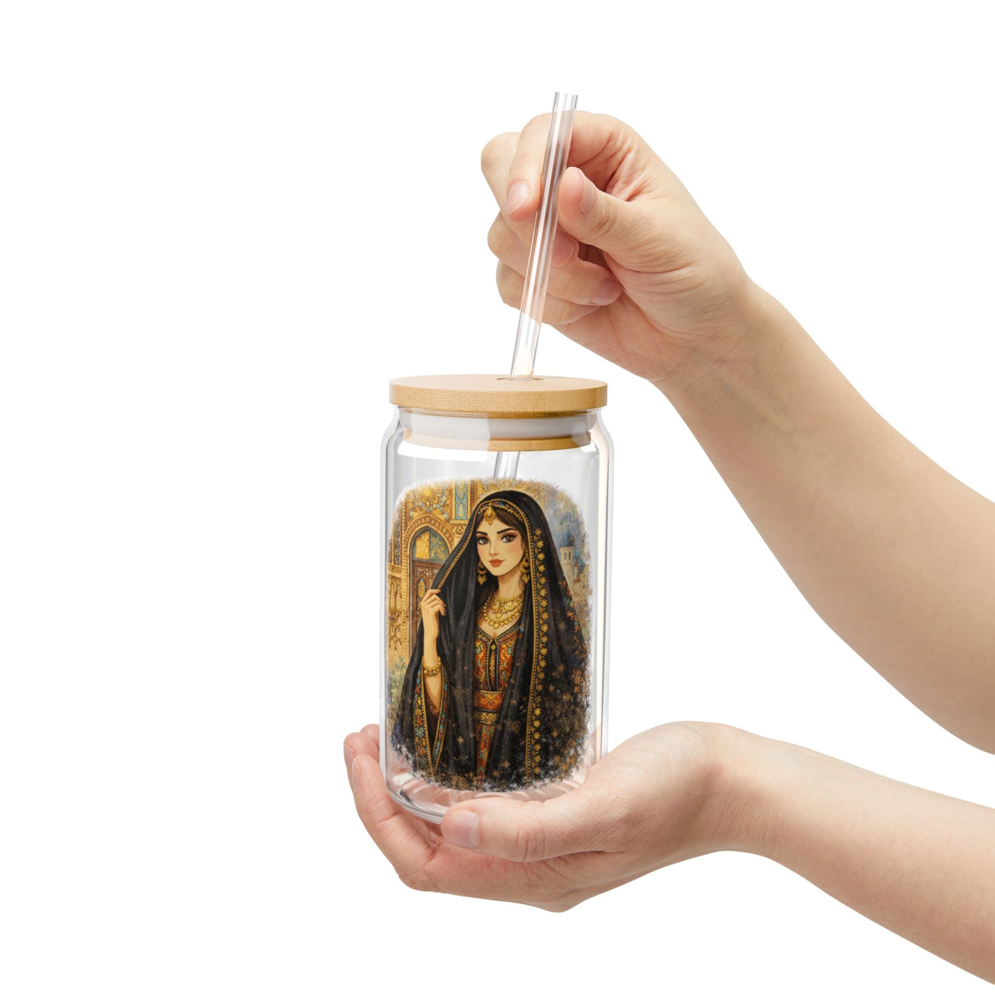 16oz Glass Sipper with Vintage Middle Eastern Woman Illustration