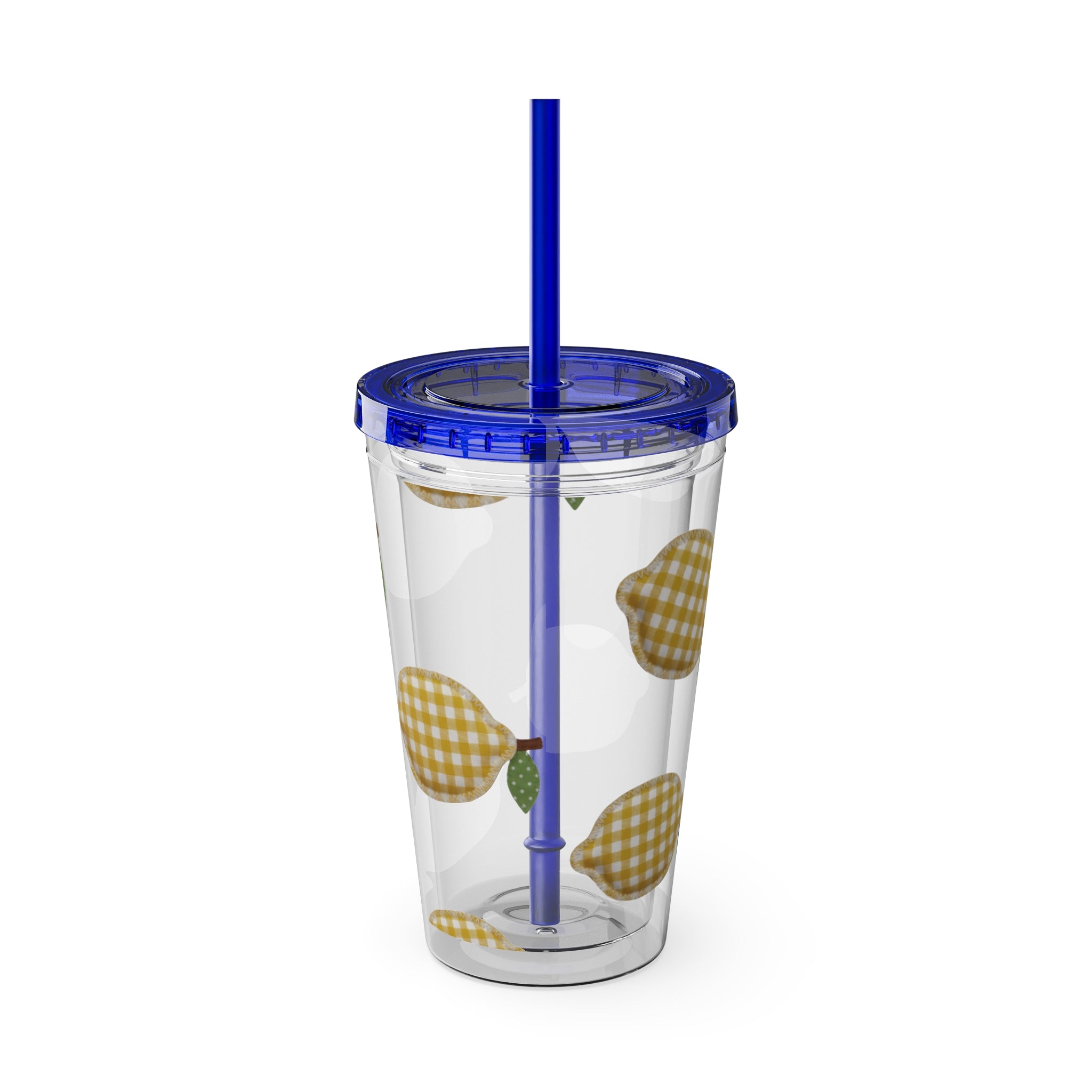 Gingham Pear Sunsplash Tumbler, 16oz Clear Travel Cup with Straw