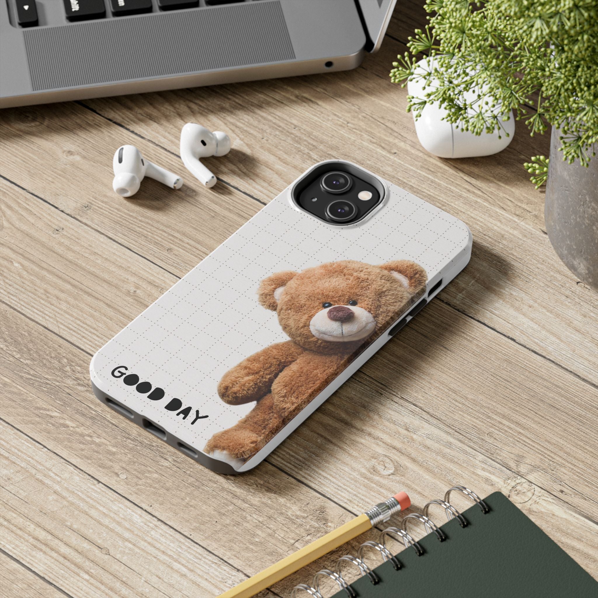 Teddy Bear Tough Phone Case — Cute Plush Peeking Design, Protective Shockproof Cover