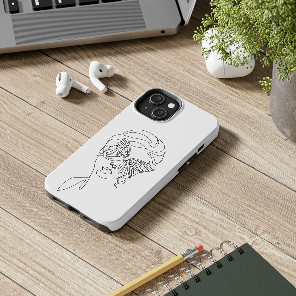 Butterfly Line Art Tough Phone Case — Minimalist Woman Face Design