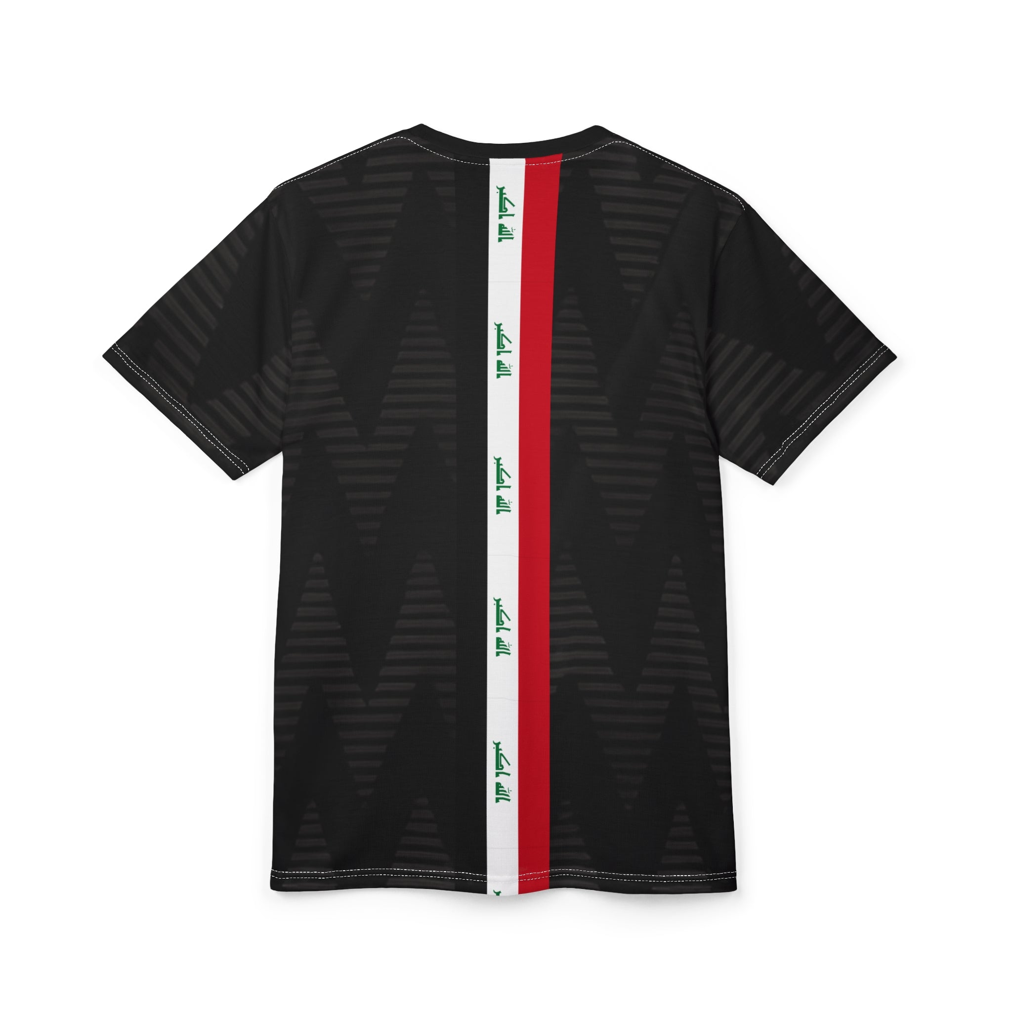 Iraq Flag Football Jersey Tee – Black All-Over Print with Vertical Flag Stripe