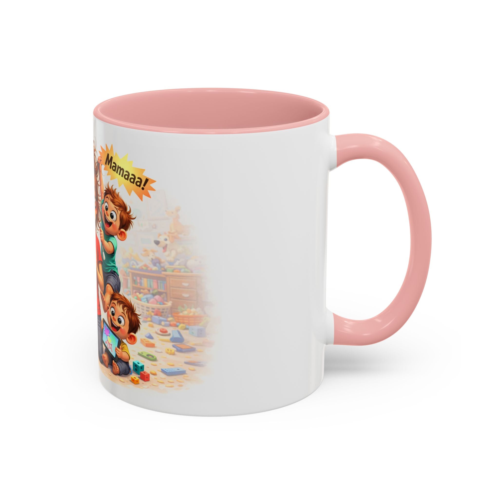 Coffee Mug – Funny Tired Mom Cartoon with Arabic “Mamaaa!” Designاهرب على فين