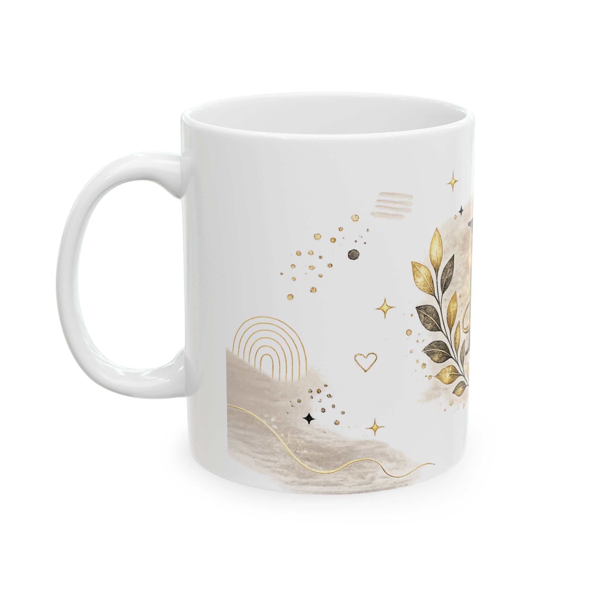 Monogram N Ceramic Mug — Gold Laurel Initial Coffee Cup