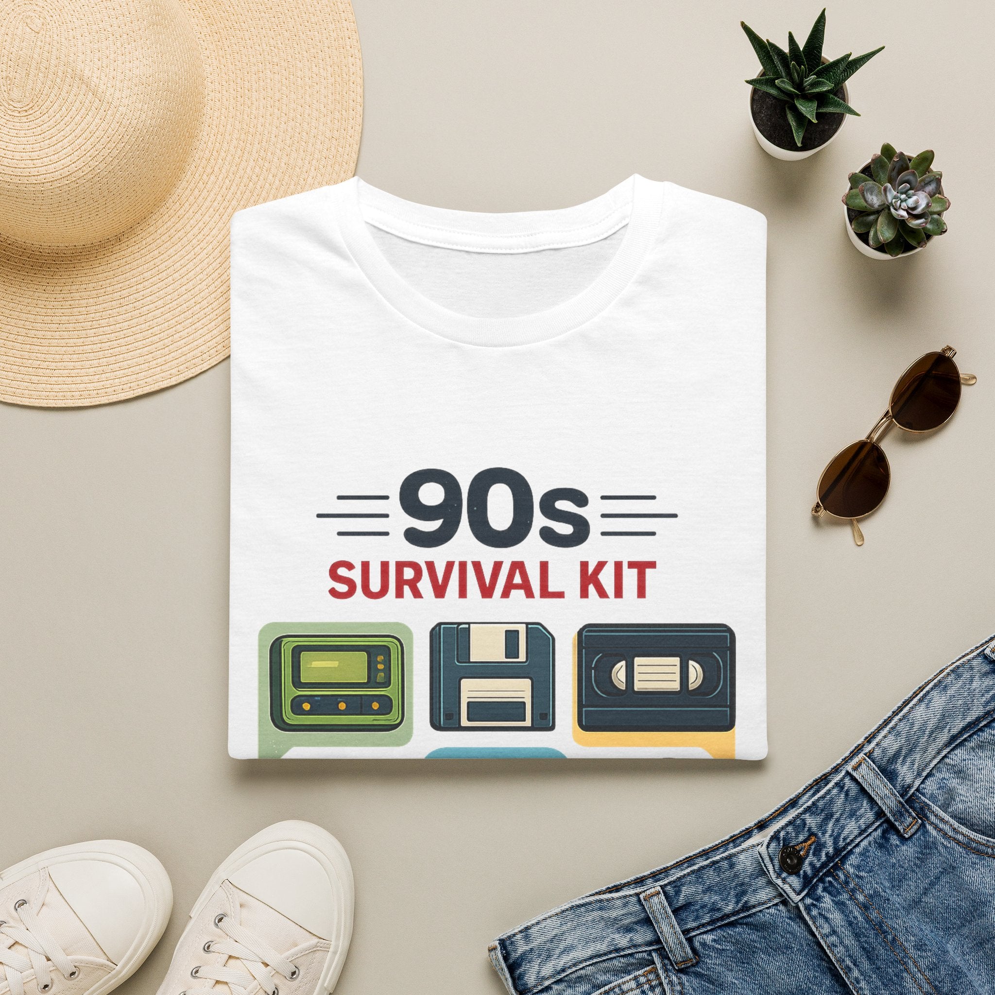 90s Survival Kit T-Shirt — Retro Cassette, Floppy & VHS Nostalgia Tee