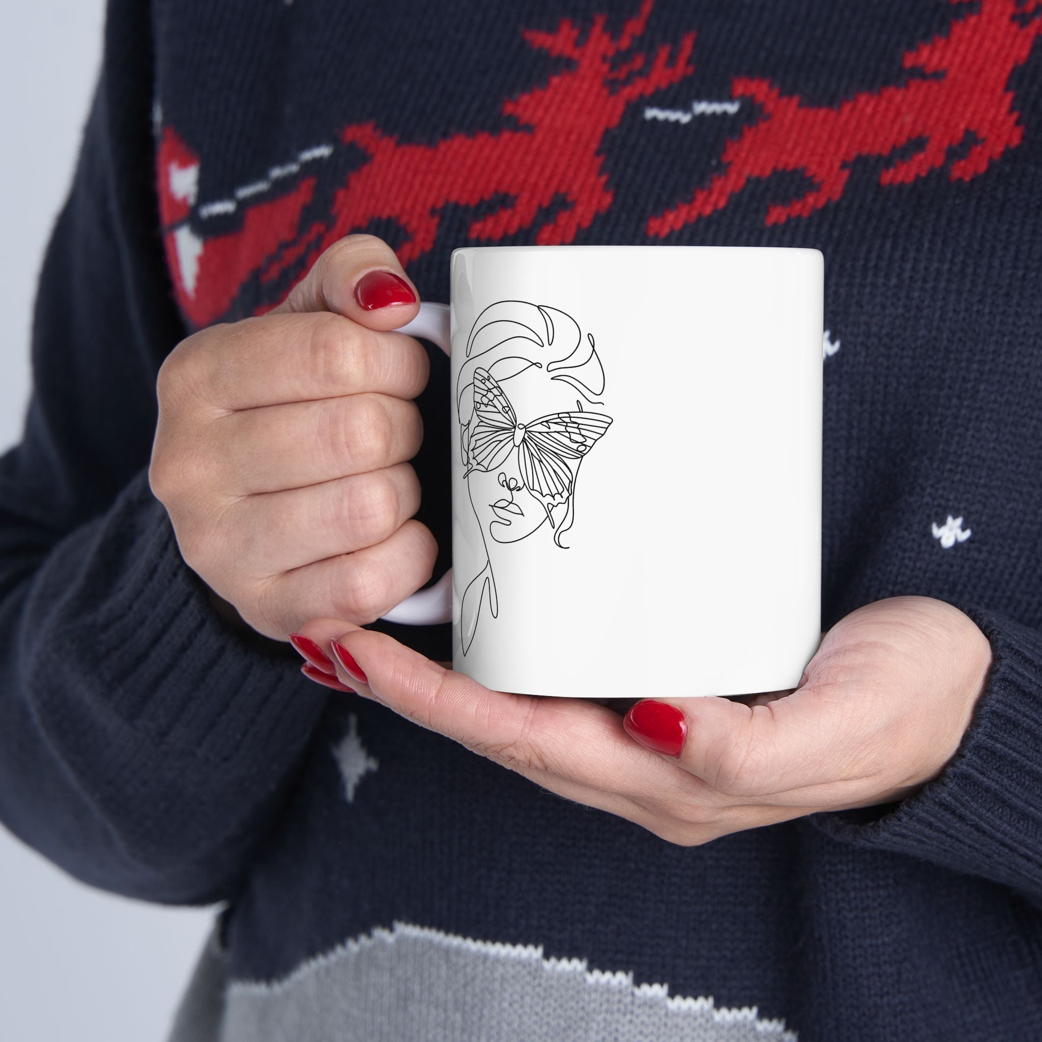 Butterfly Face Ceramic Mug (11oz/15oz) – Feminine Line Art Coffee Cup