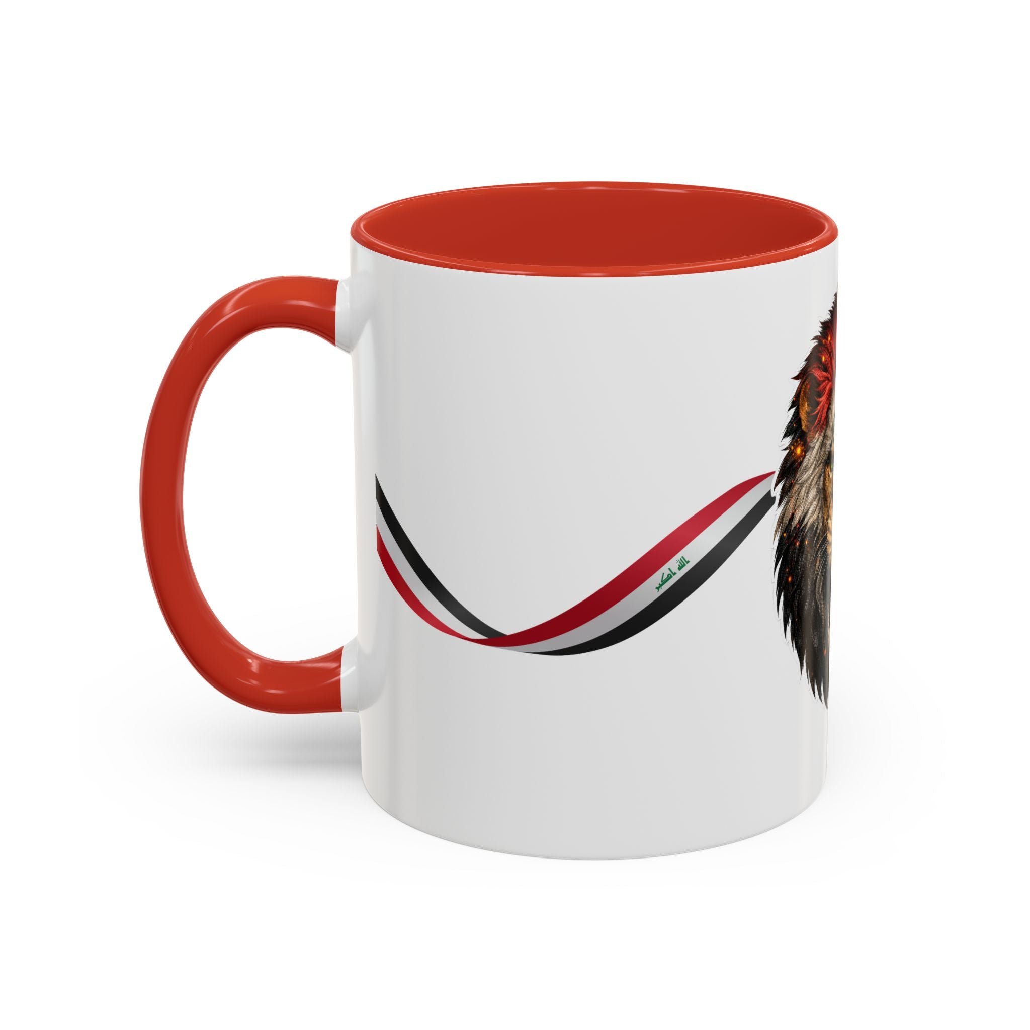 Iraq Lion Head Accent Coffee Mug with Arabic Script and Flag Ribbon – Patriotic Iraq Gift (11/15oz)