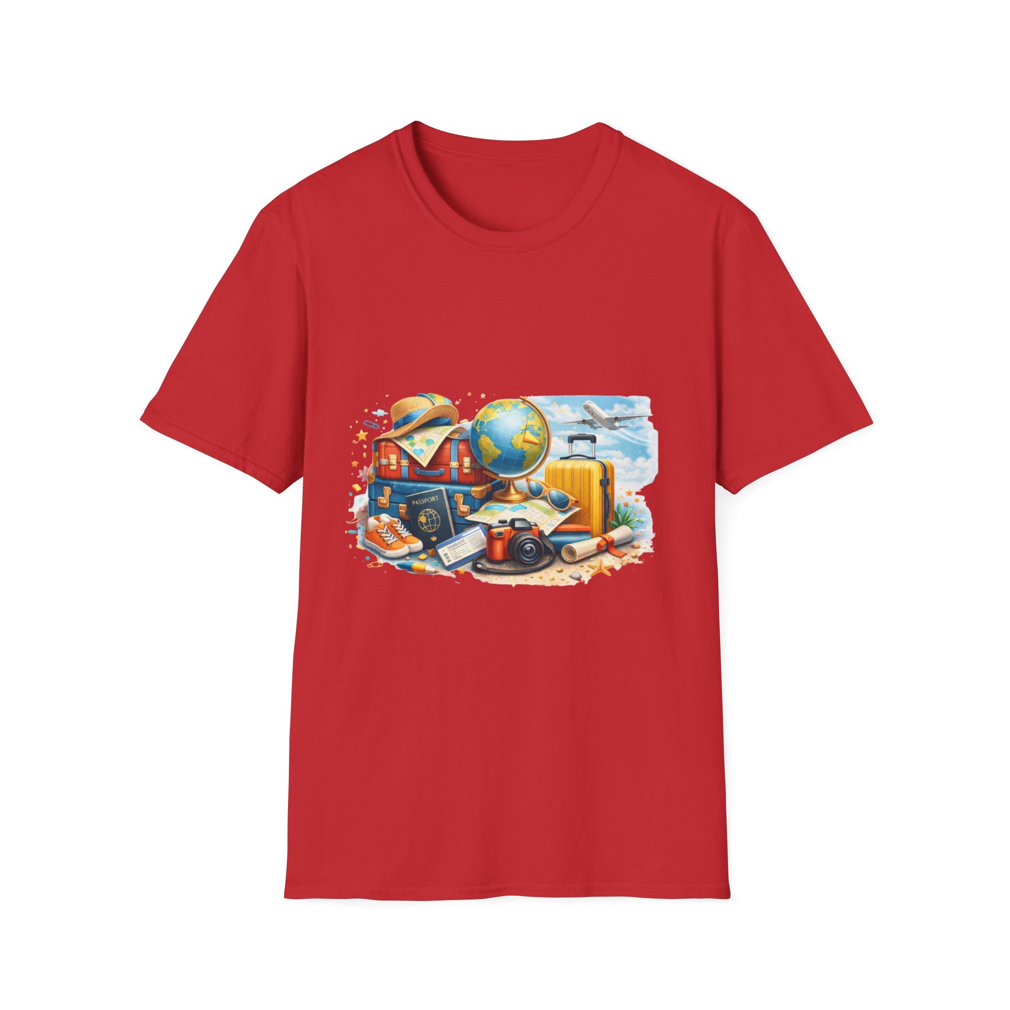 Travel Vibes T-Shirt — Retro Luggage, Globe & Camera Design