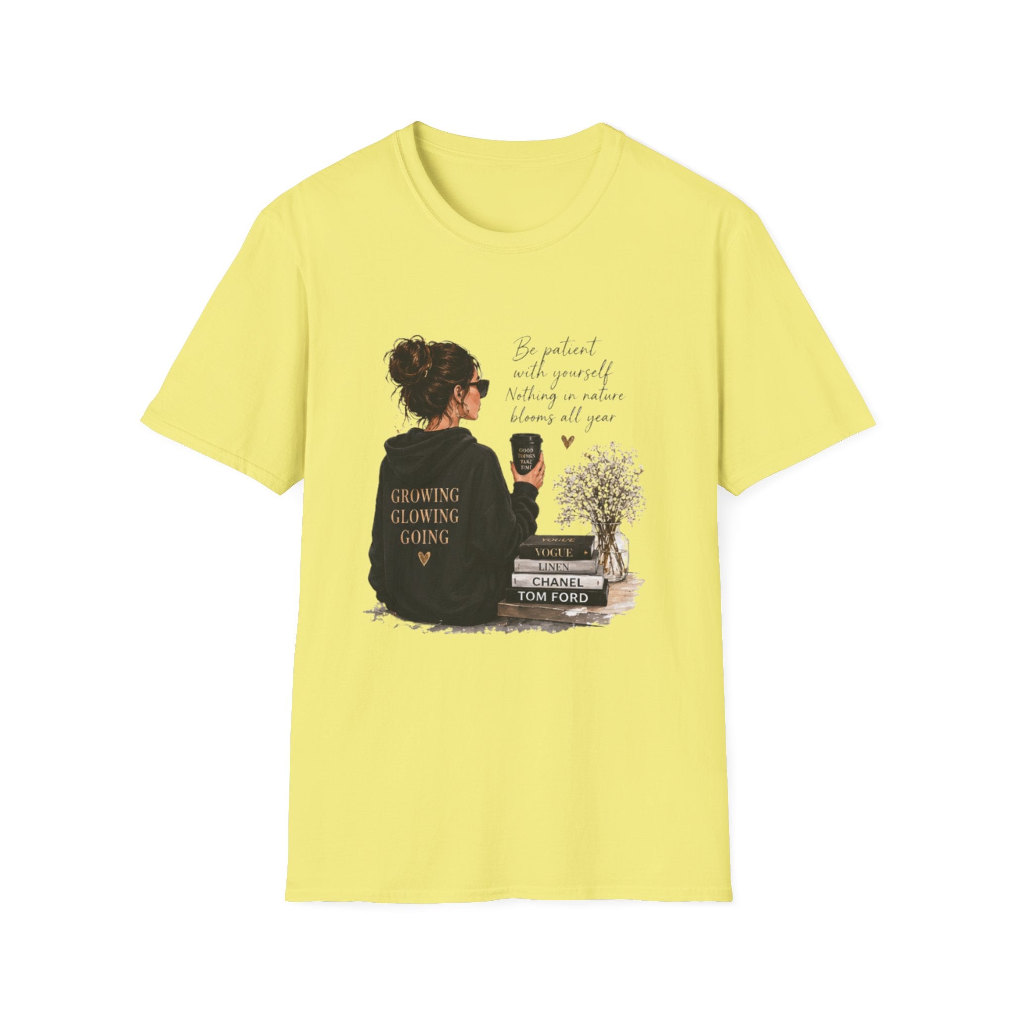 Cozy Reading Girl T-Shirt — "Growing, Glowing, Going" Literary Graphic Tee