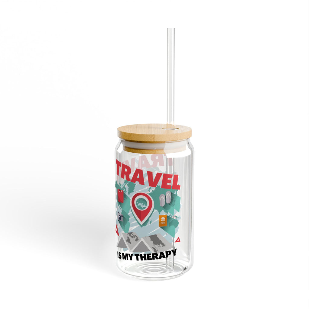 Travel Is My Therapy Sipper Glass - 16oz Mason Jar Tumbler with Straw