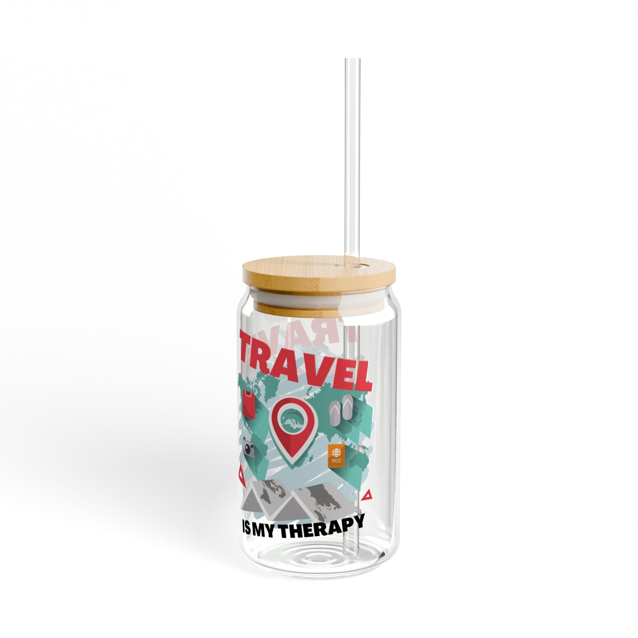 Travel Is My Therapy Sipper Glass - 16oz Mason Jar Tumbler with Straw