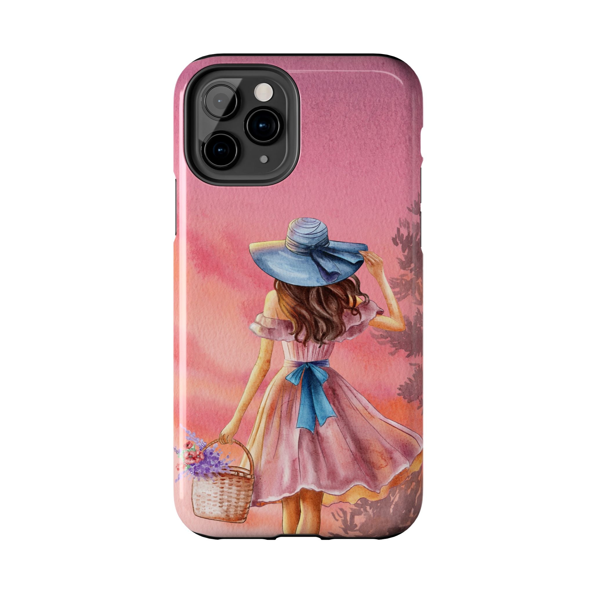 Pastel Picnic Girl Phone Case — Protective Tough Phone Case with Watercolor Sunset Design