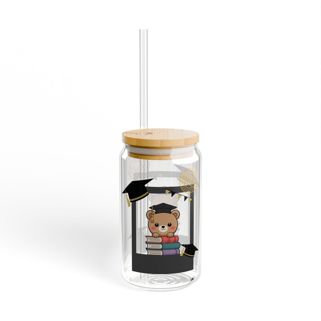 Graduation Bear 16oz Sipper Glass – Cute Grad Cap & Books Celebration Tumbler