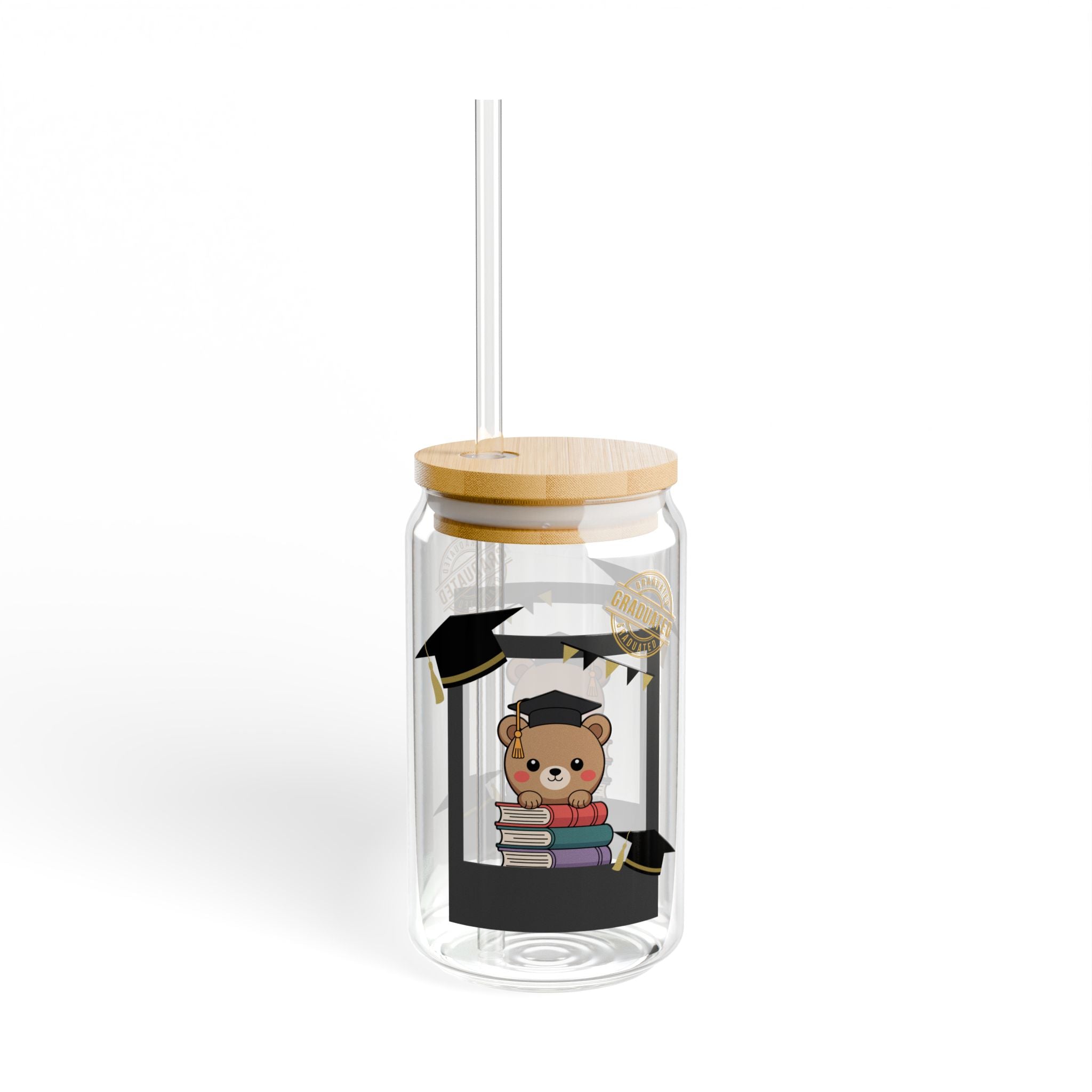 Graduation Bear 16oz Sipper Glass – Cute Grad Cap & Books Celebration Tumbler