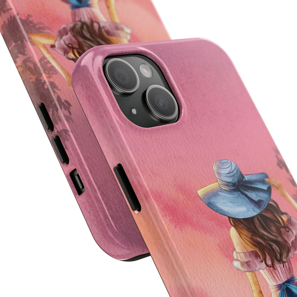 Pastel Picnic Girl Phone Case — Protective Tough Phone Case with Watercolor Sunset Design