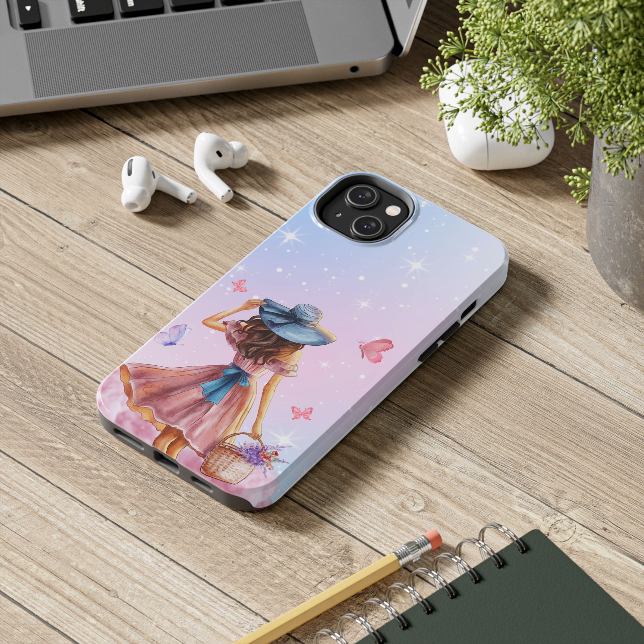 Pastel Girl with Hat Phone Case — Floral Basket Butterfly Tough Phone Case